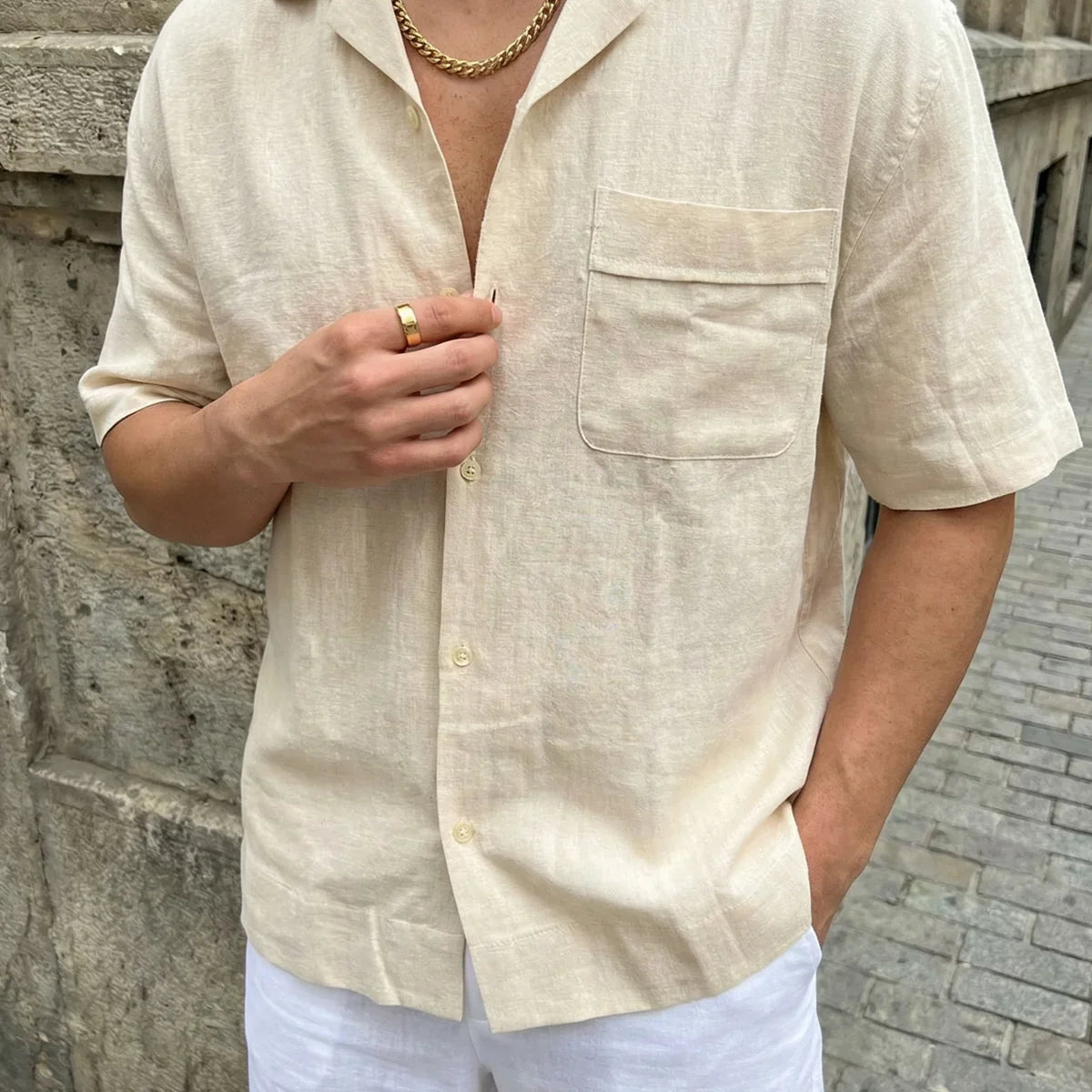 Akita %100 Pamuk Erkek Kısa Kol Keten Gömlek Relaxed Fit - Livio Ferri