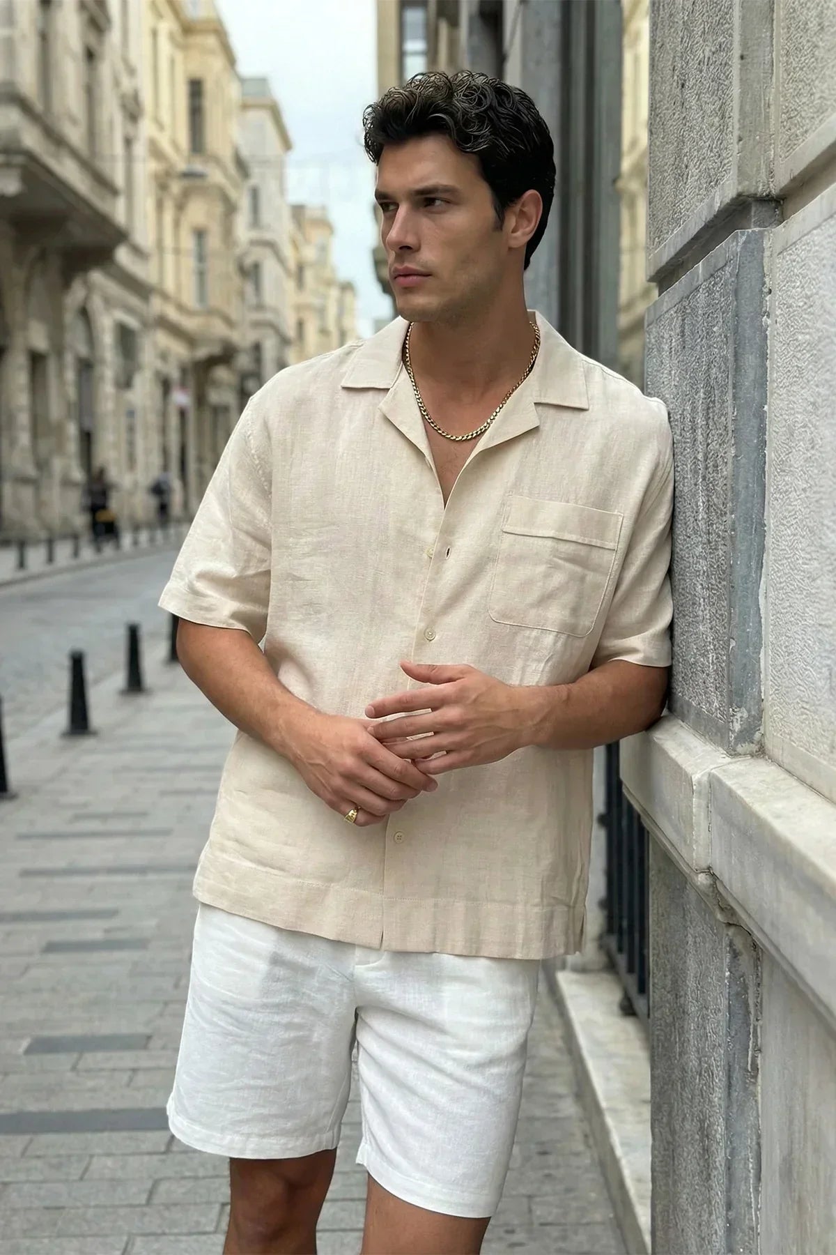 Akita %100 Pamuk Erkek Kısa Kol Keten Gömlek Relaxed Fit - Livio Ferri