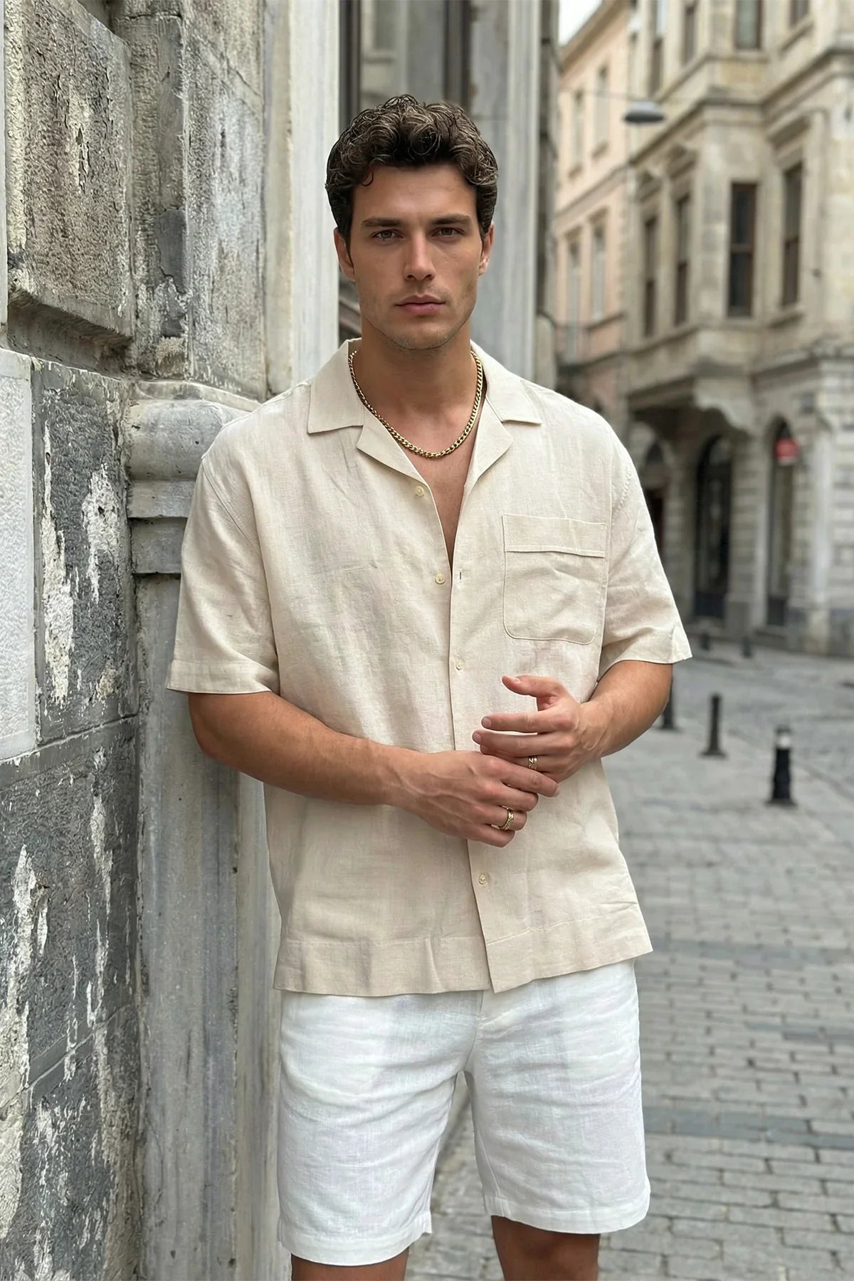 Akita %100 Pamuk Erkek Kısa Kol Keten Gömlek Relaxed Fit - Livio Ferri