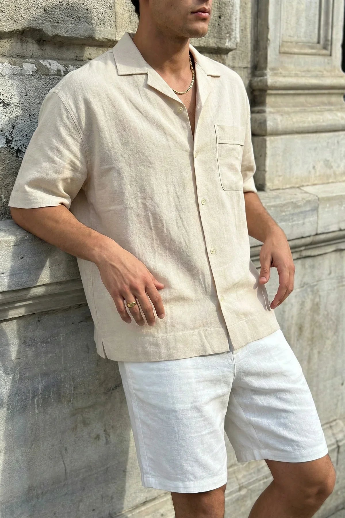 Akita %100 Pamuk Erkek Kısa Kol Keten Gömlek Relaxed Fit - Livio Ferri