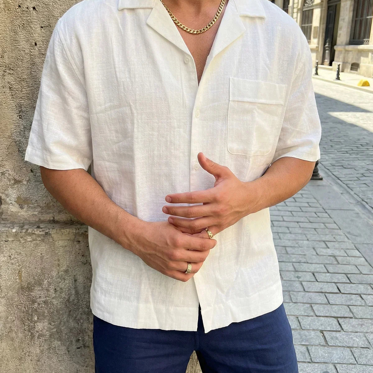 Akita %100 Pamuk Erkek Kısa Kol Keten Gömlek Relaxed Fit - Livio Ferri