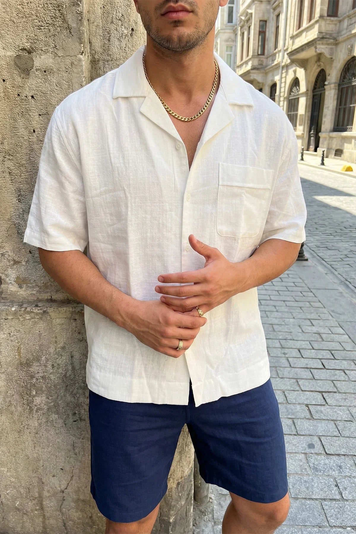 Akita %100 Pamuk Erkek Kısa Kol Keten Gömlek Relaxed Fit - Livio Ferri