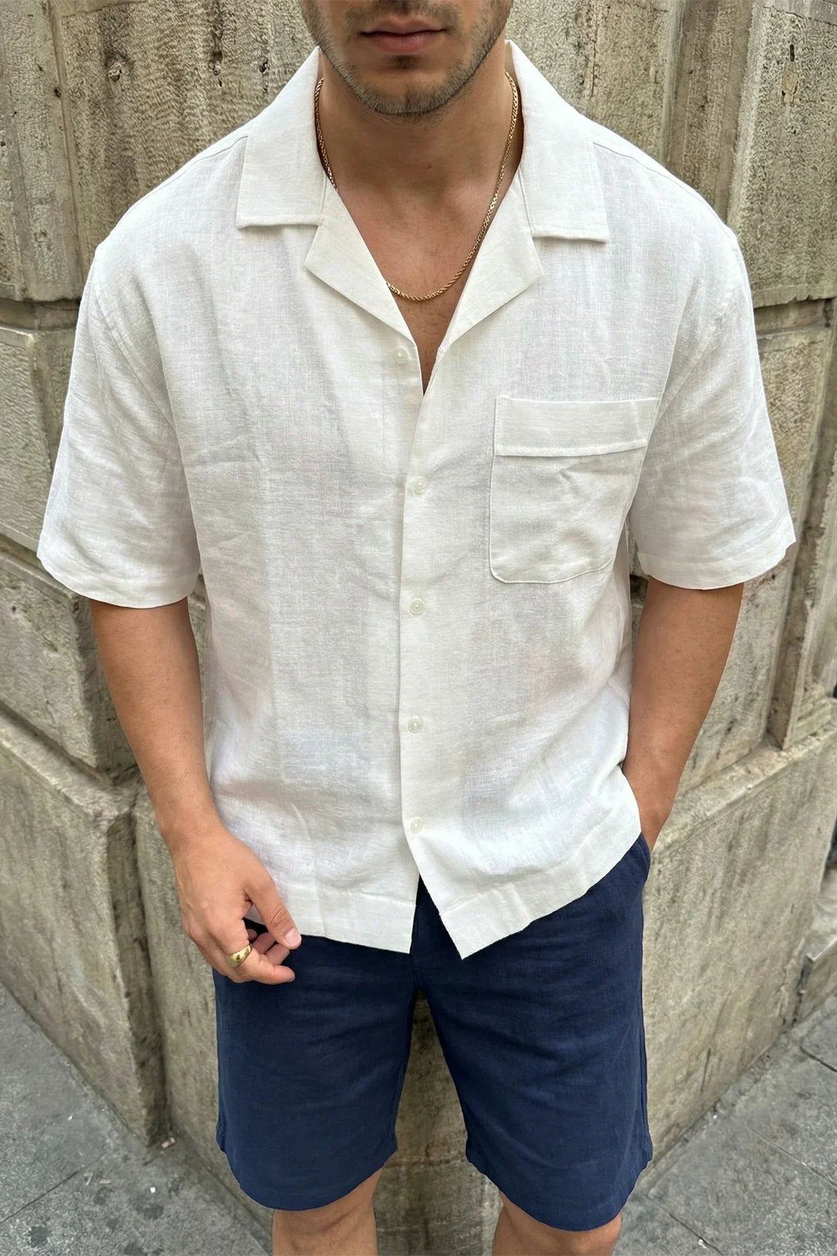 Akita %100 Pamuk Erkek Kısa Kol Keten Gömlek Relaxed Fit - Livio Ferri