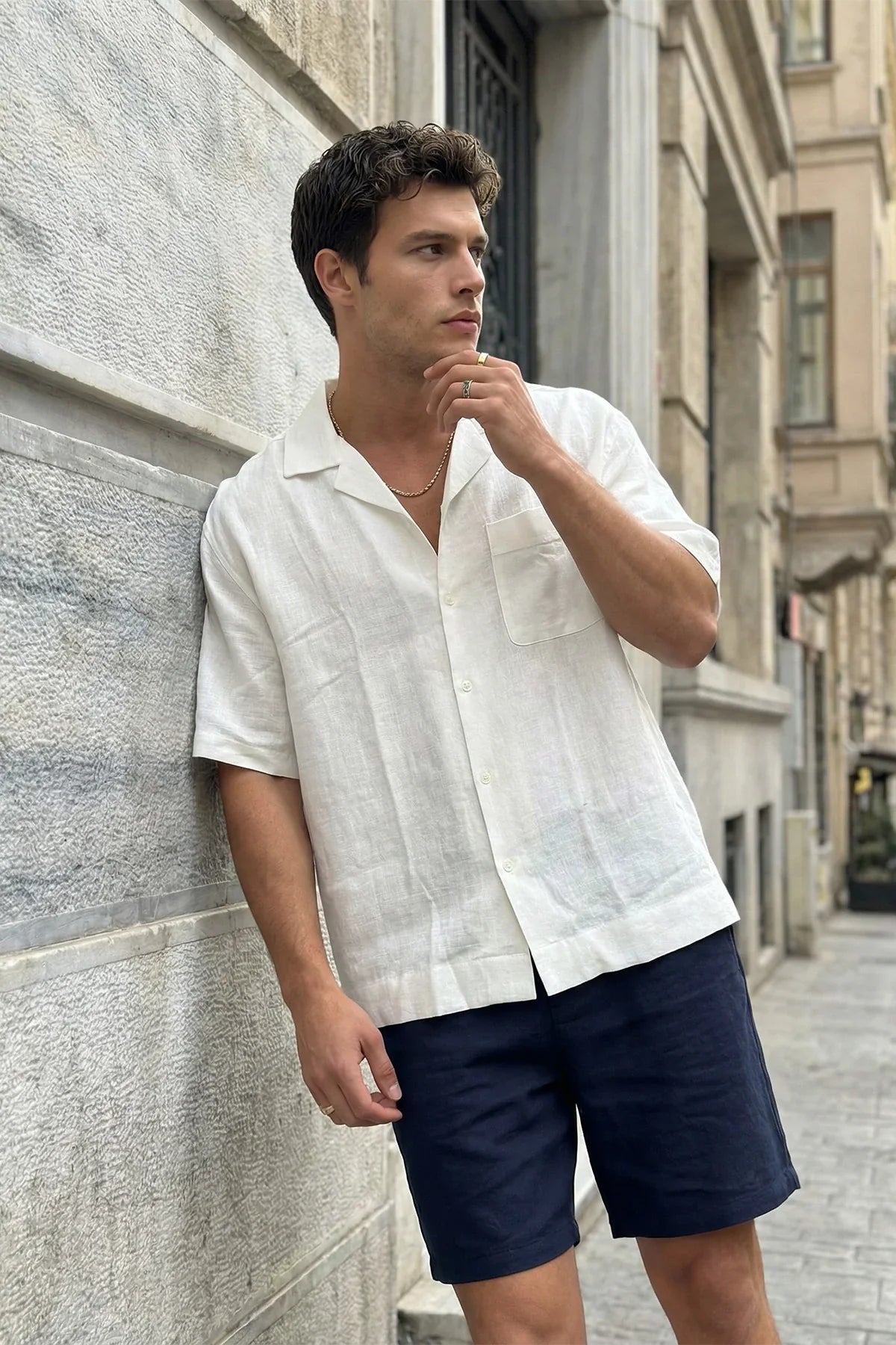 Akita %100 Pamuk Erkek Kısa Kol Keten Gömlek Relaxed Fit - Livio Ferri