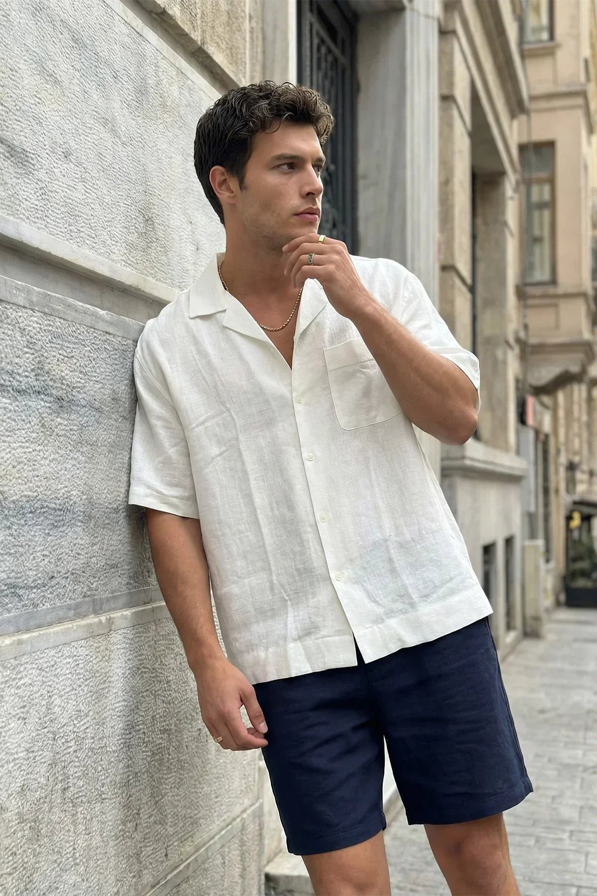 Akita %100 Pamuk Erkek Kısa Kol Keten Gömlek Relaxed Fit - Livio Ferri