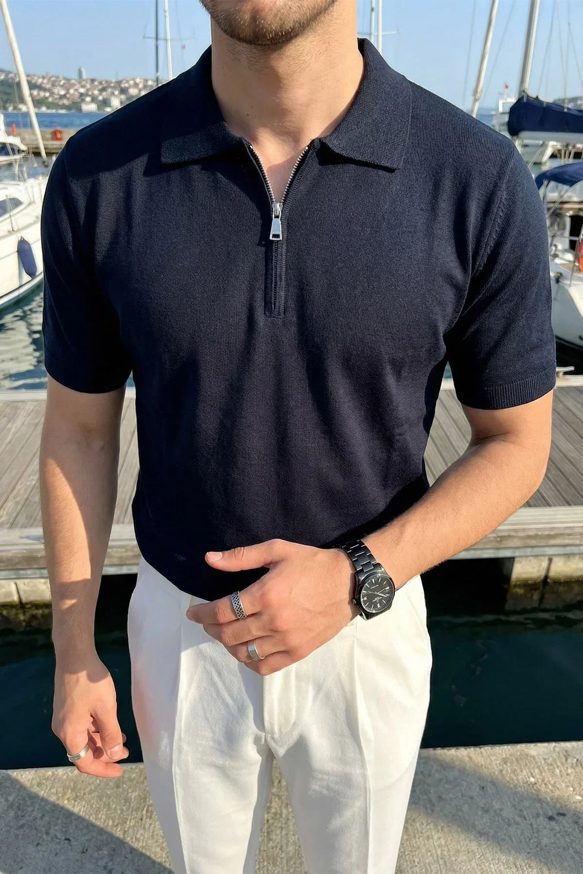 Allen Premium Fermuarlı Polo Yaka Erkek Triko Tişört - Livio Ferri