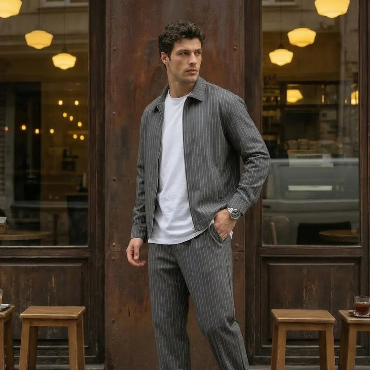 Aniva Erkek Çizgili Geniş Kalıp İkili Takım Ceket Pantolon