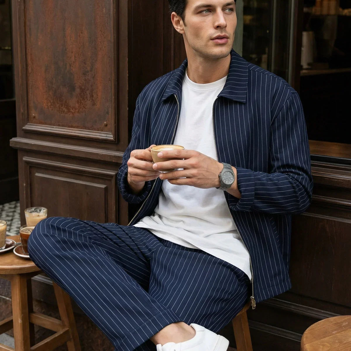 Aniva Erkek Çizgili Geniş Kalıp İkili Takım Ceket Pantolon