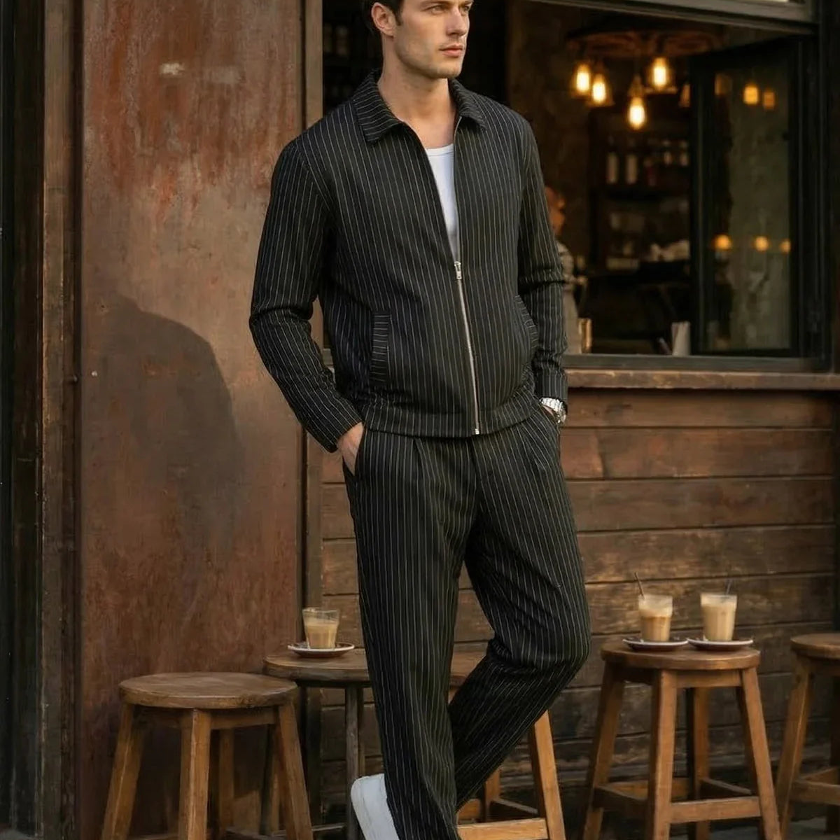 Aniva Erkek Çizgili Geniş Kalıp İkili Takım Ceket Pantolon