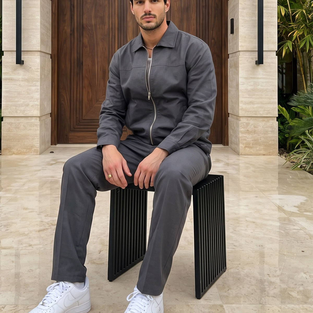 Artigas Premium Fermuarlı Düz Basic Ceket Pantolon Erkek Takım Relax Kalıp