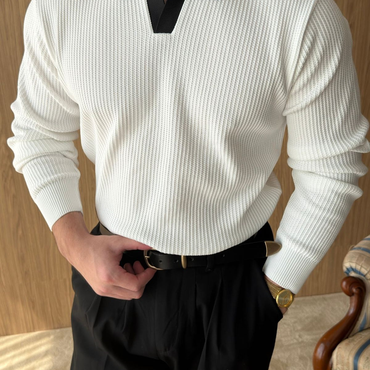 Atri Çift Renk Dokulu Regular Fit Polo Yaka Erkek Triko Kazak