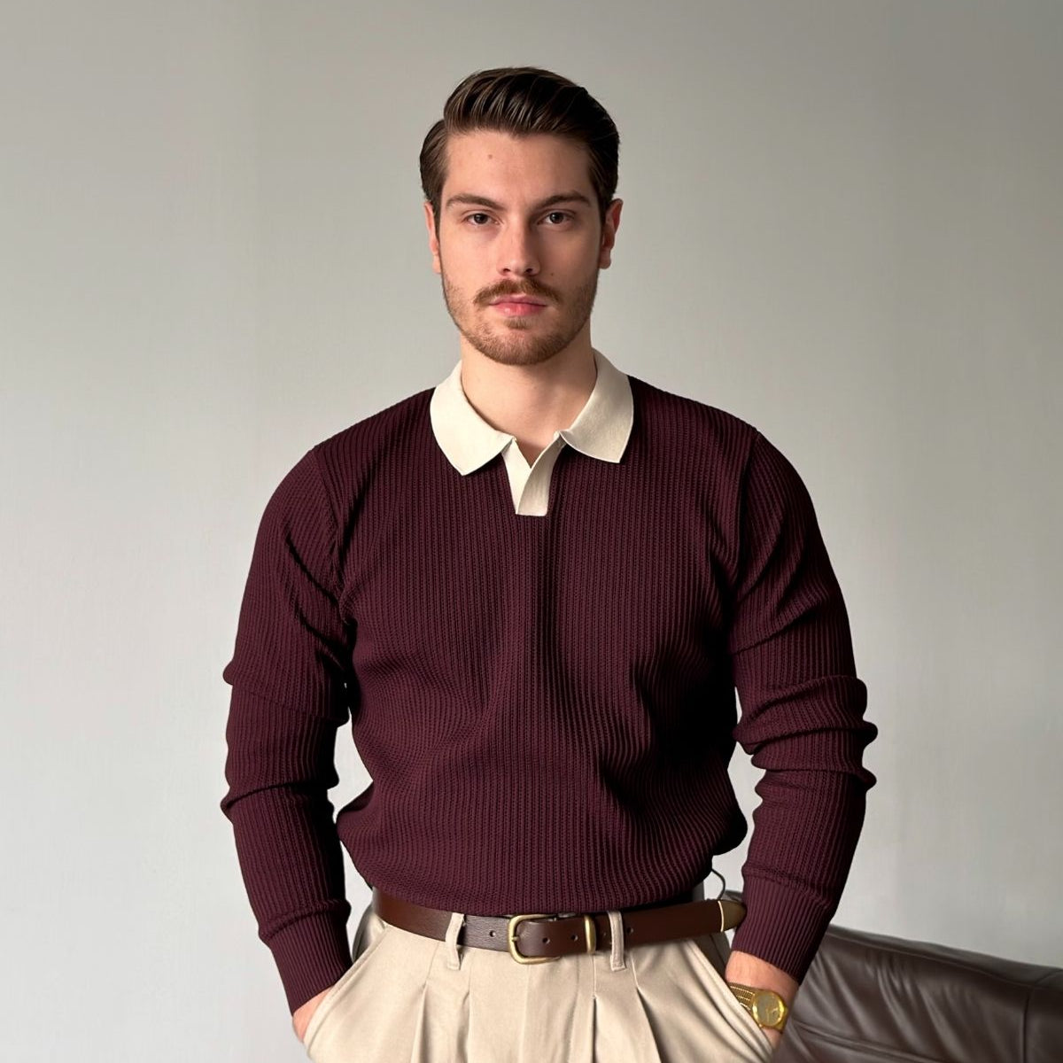 Atri Çift Renk Dokulu Regular Fit Polo Yaka Erkek Triko Kazak
