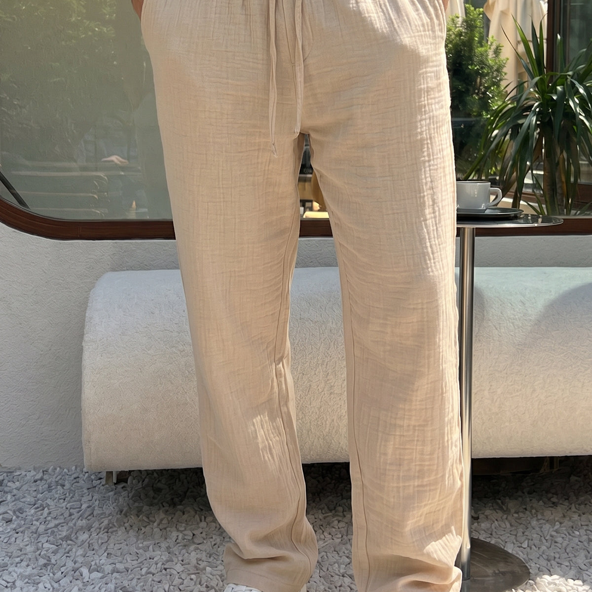 Balve %100 Pamuk Baggy Müslin Kumaş Erkek Pantolon Bağcıklı Lastikli Bel Yazlık Pantolon