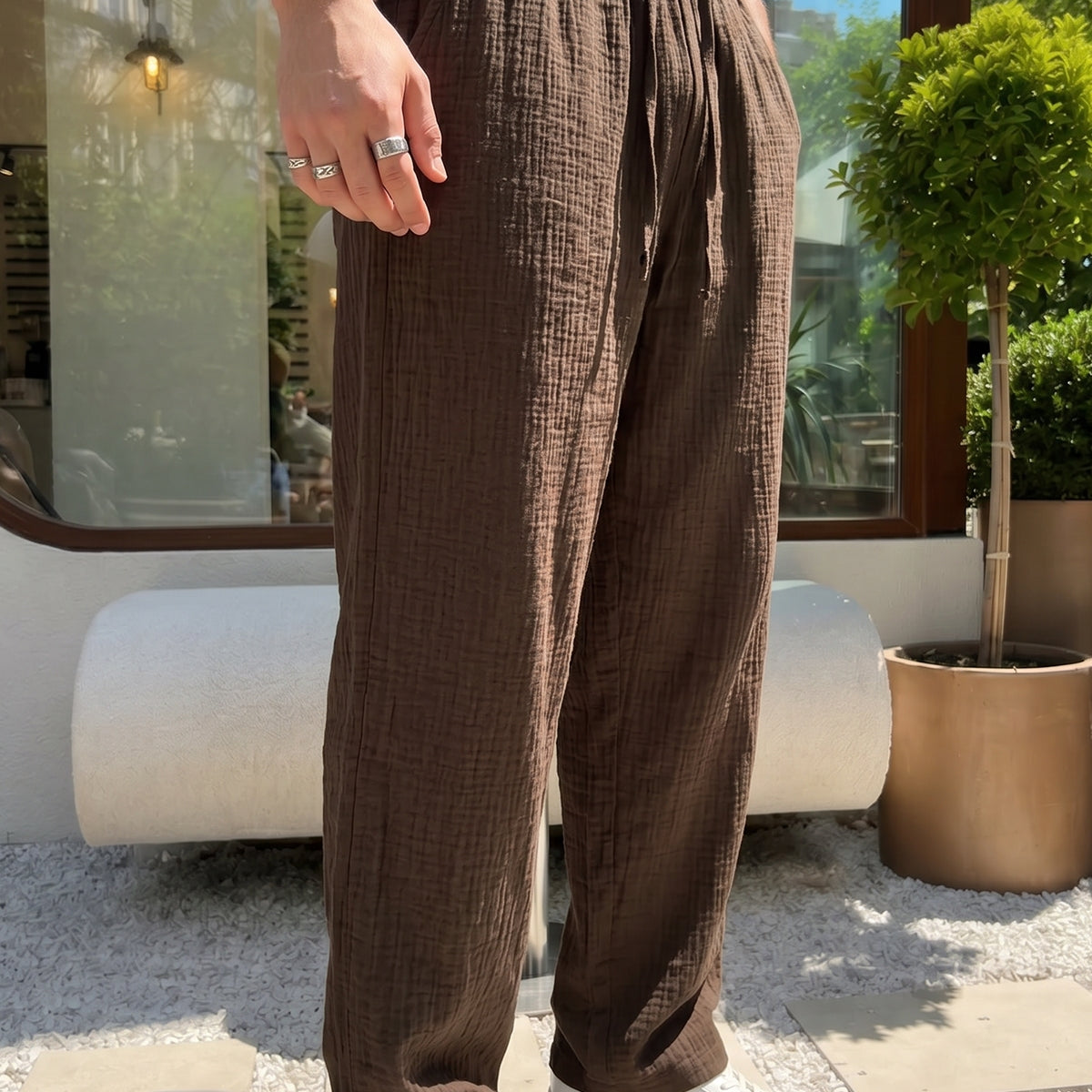 Balve %100 Pamuk Baggy Müslin Kumaş Erkek Pantolon Bağcıklı Lastikli Bel Yazlık Pantolon