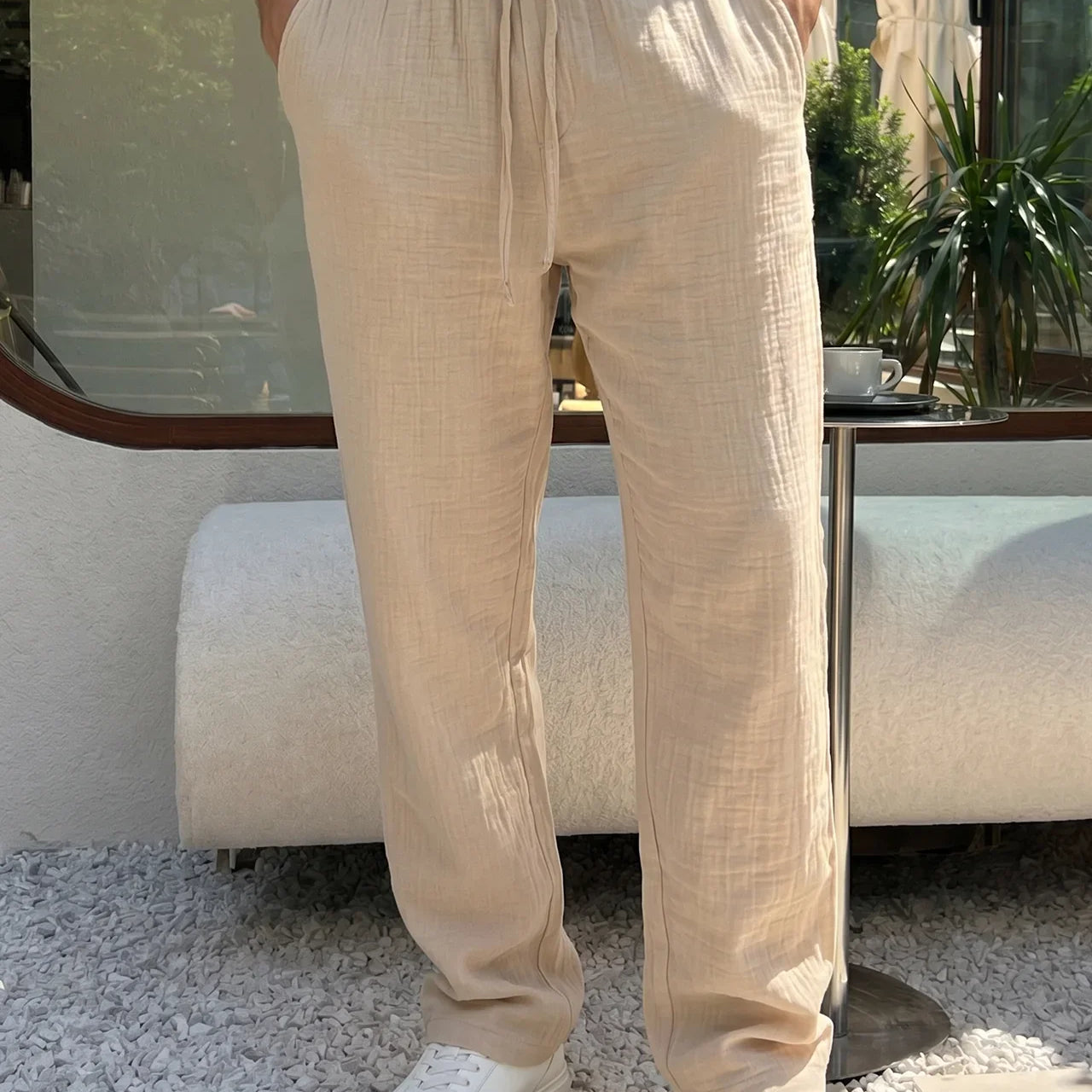 Balve %100 Pamuk Baggy Müslin Kumaş Erkek Pantolon Bağcıklı Lastikli Bel Yazlık Pantolon