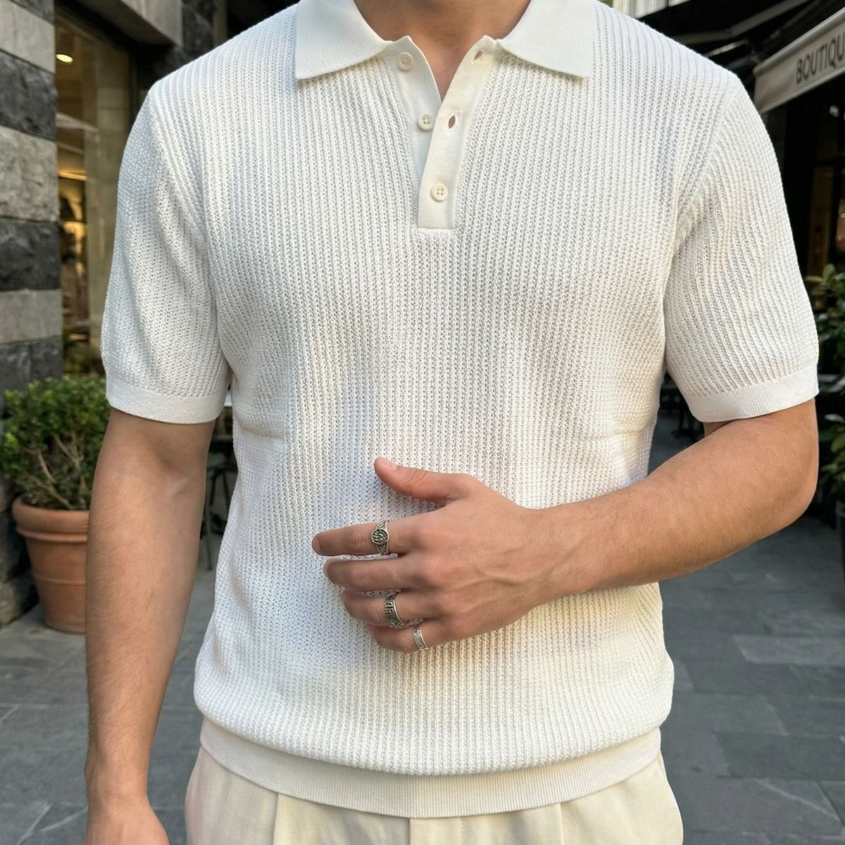 Bande Regular Fit Erkek Kısa Kol Triko Polo Yaka Dokulu Tişört