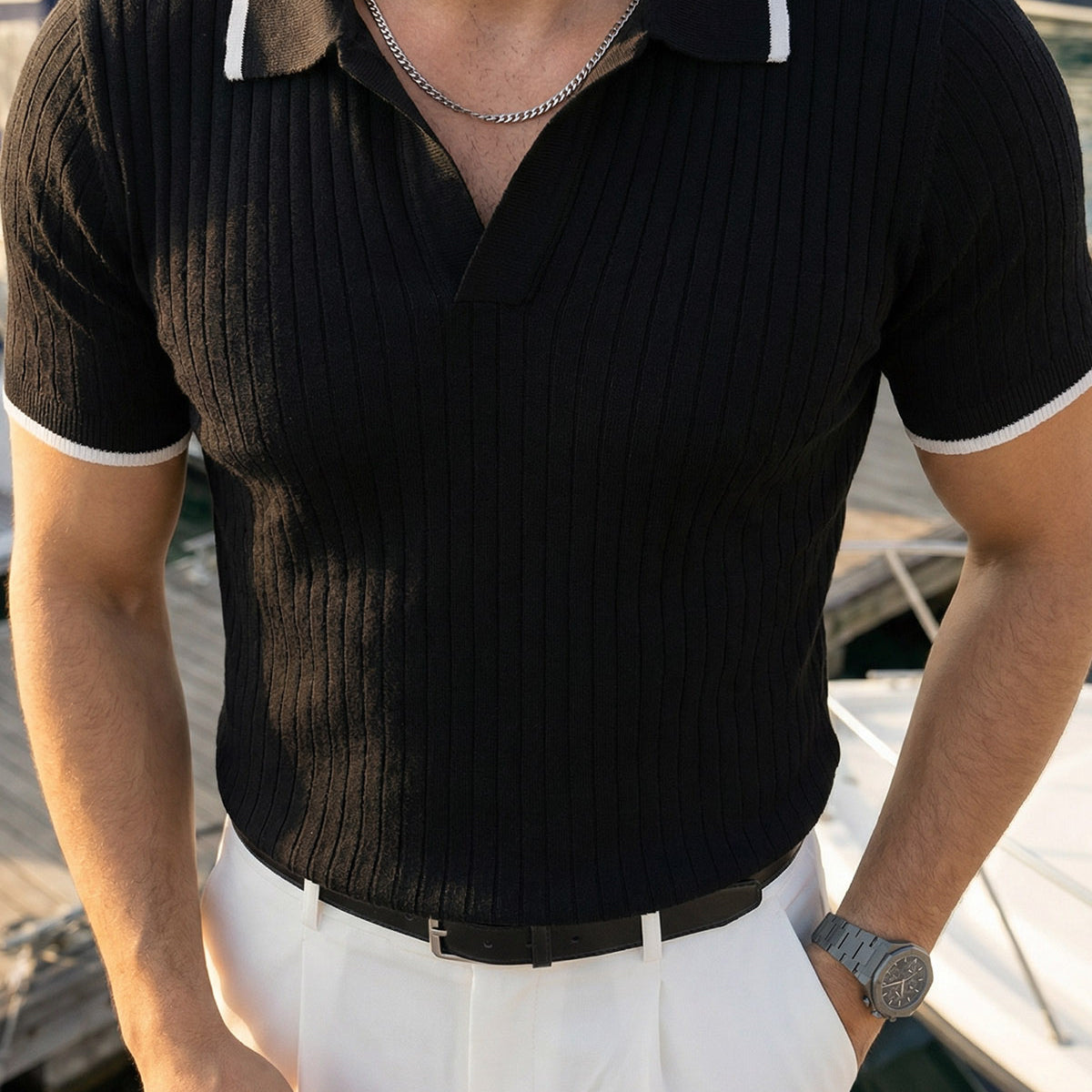 Basay Premium Çizgili Triko Polo Yaka Erkek Tişört