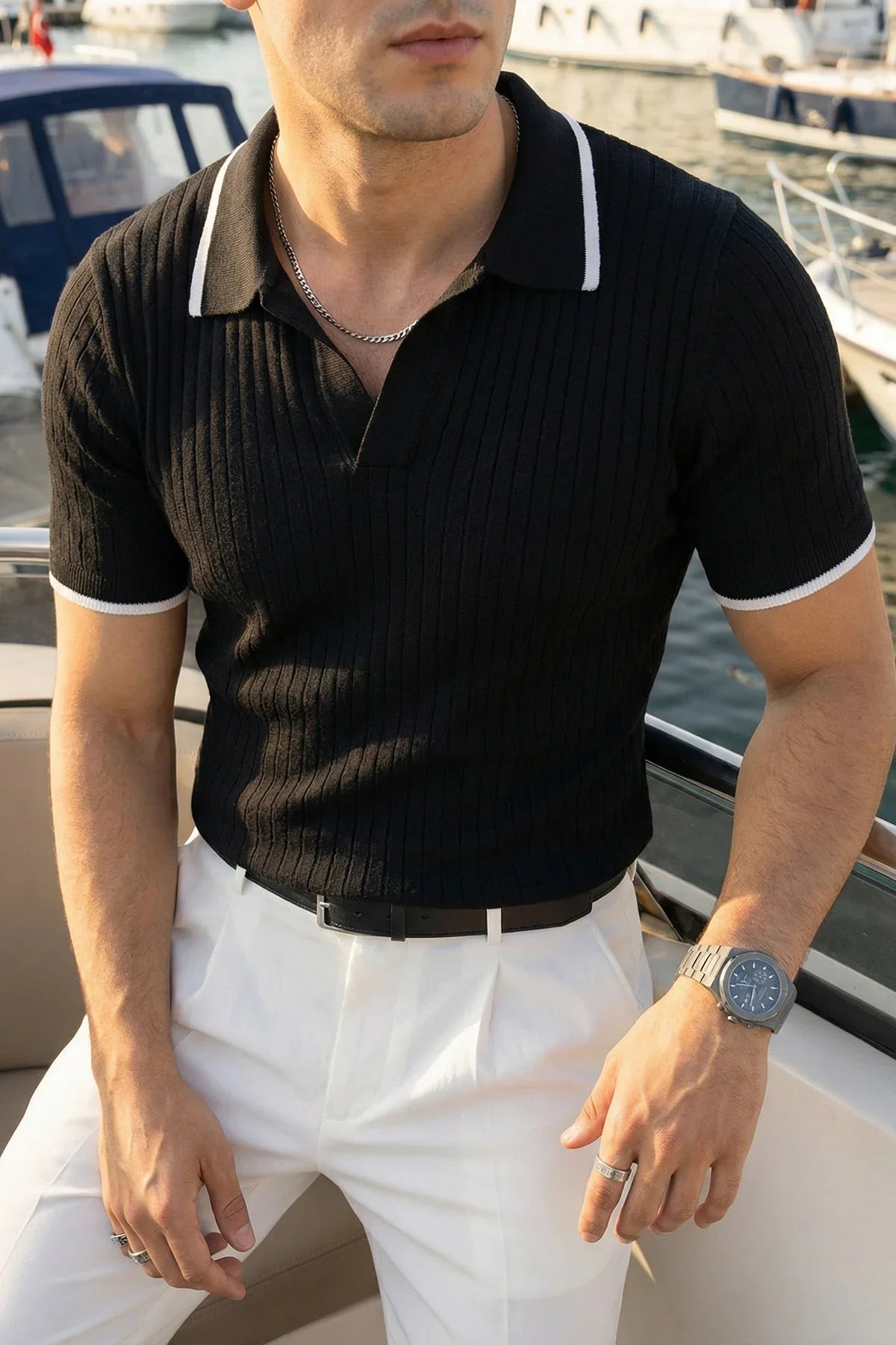 Basay Premium Çizgili Triko Polo Yaka Erkek Tişört - Livio Ferri