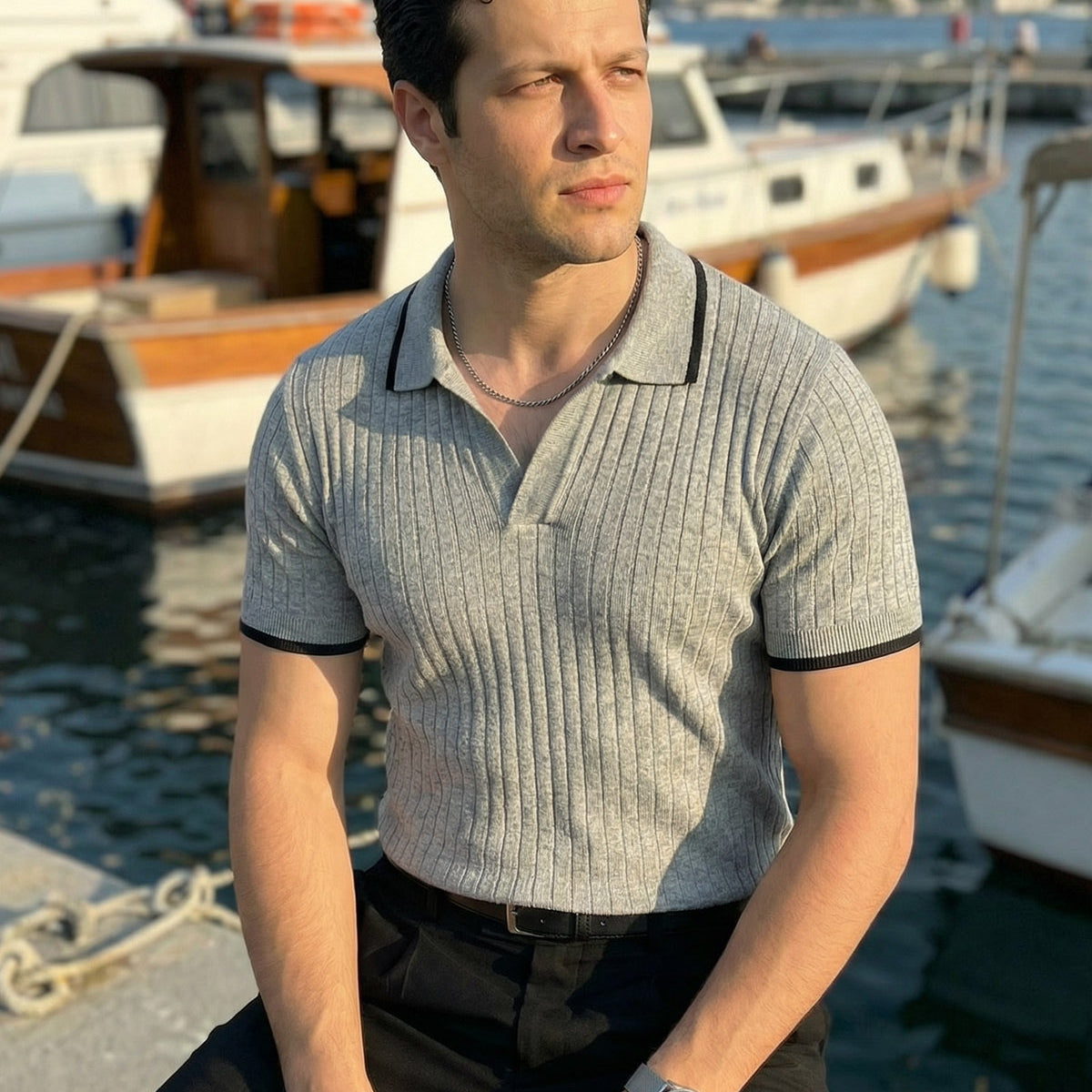 Basay Premium Çizgili Triko Polo Yaka Erkek Tişört