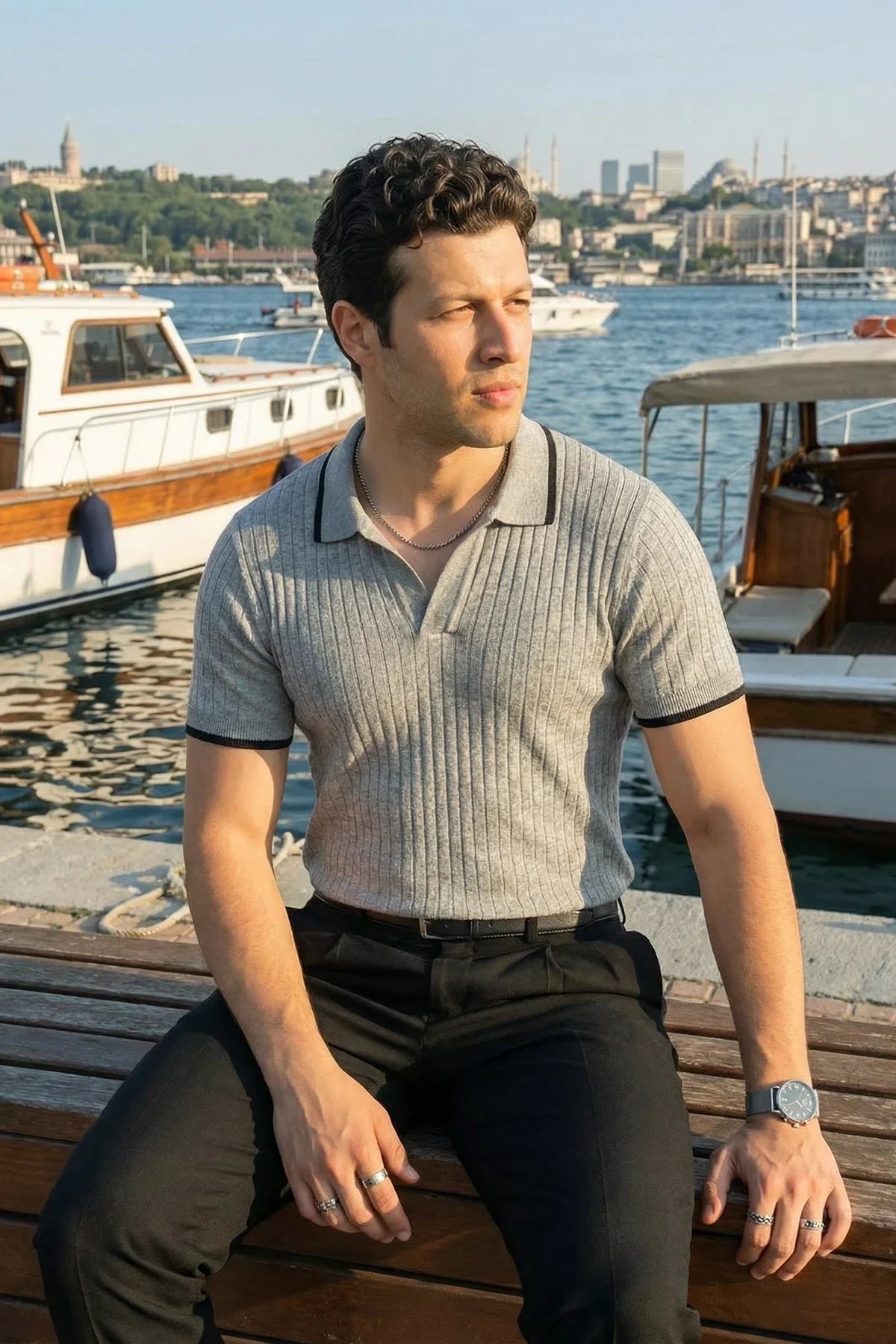 Basay Premium Çizgili Triko Polo Yaka Erkek Tişört - Livio Ferri