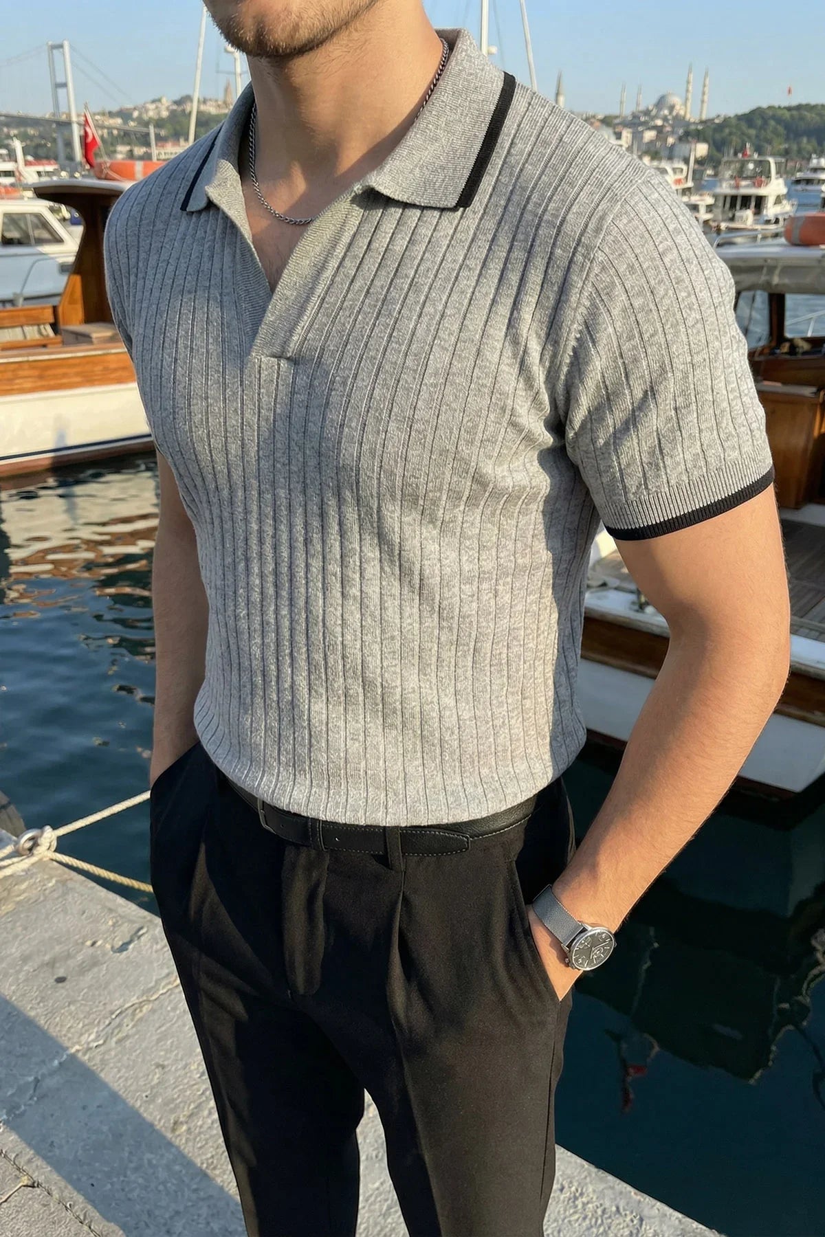 Basay Premium Çizgili Triko Polo Yaka Erkek Tişört - Livio Ferri