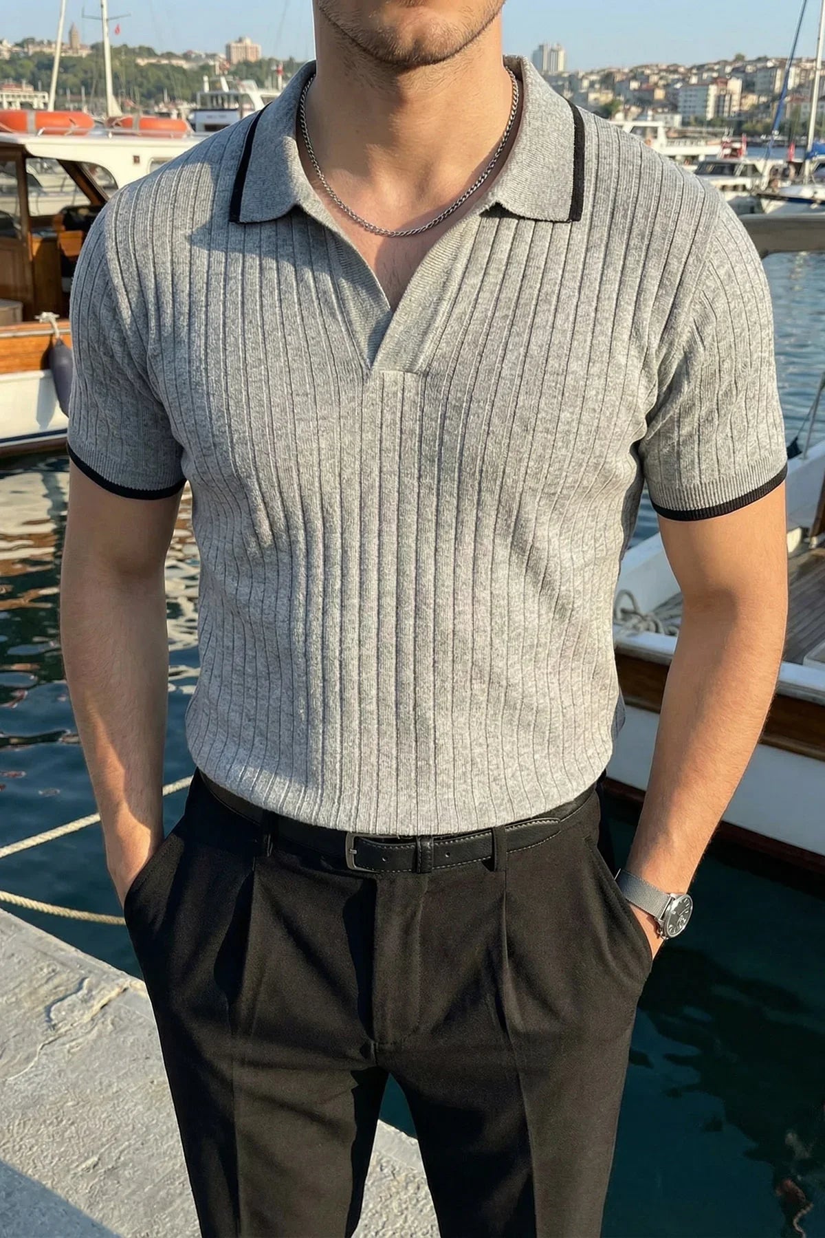 Basay Premium Çizgili Triko Polo Yaka Erkek Tişört - Livio Ferri
