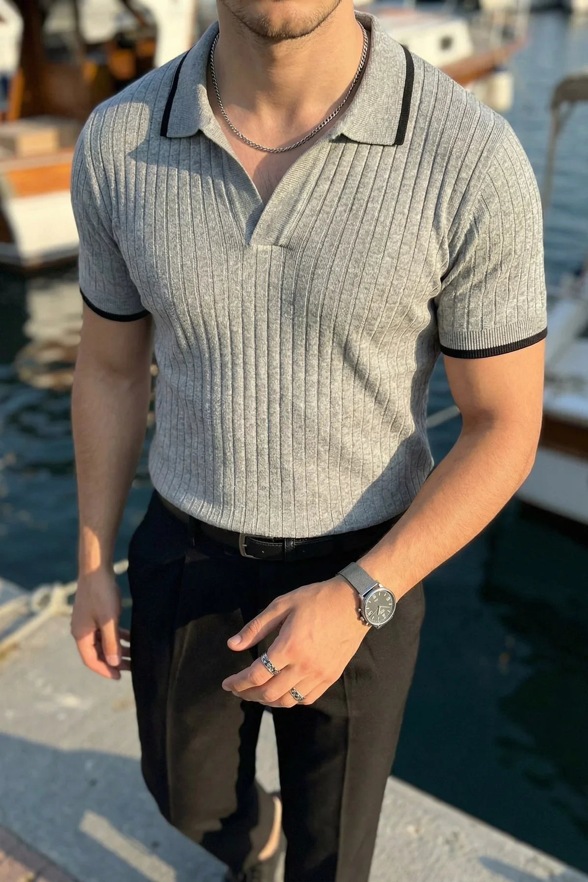 Basay Premium Çizgili Triko Polo Yaka Erkek Tişört - Livio Ferri