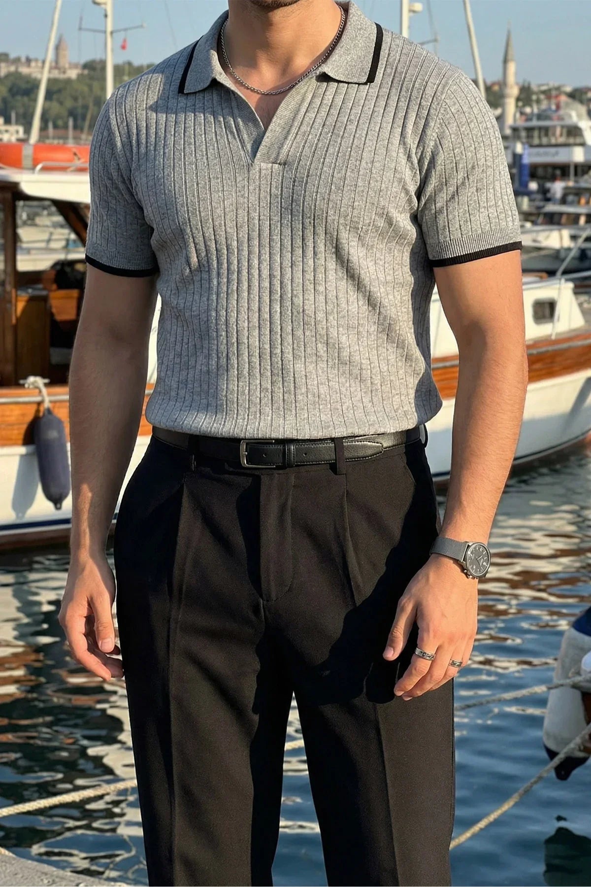 Basay Premium Çizgili Triko Polo Yaka Erkek Tişört - Livio Ferri