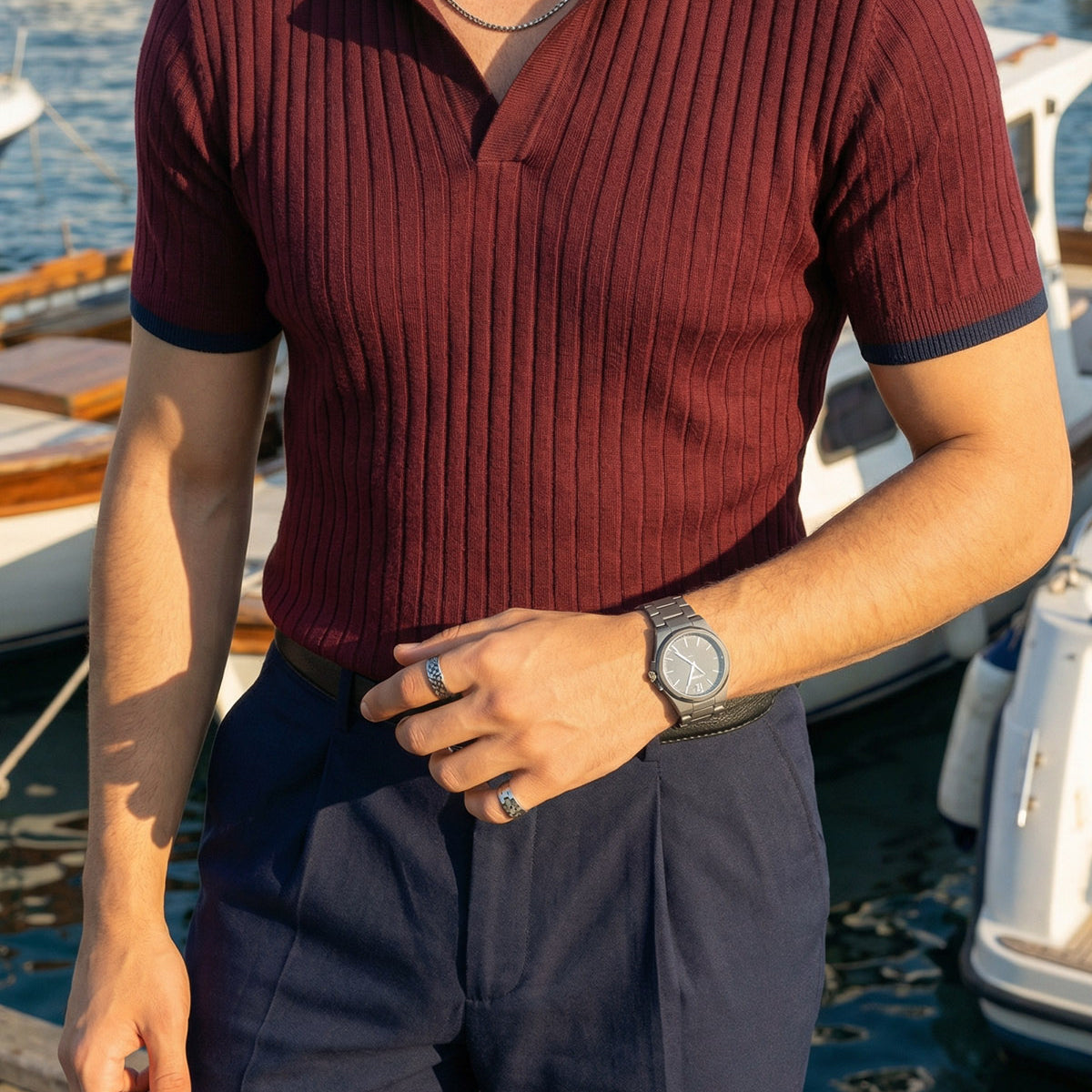 Basay Premium Çizgili Triko Polo Yaka Erkek Tişört