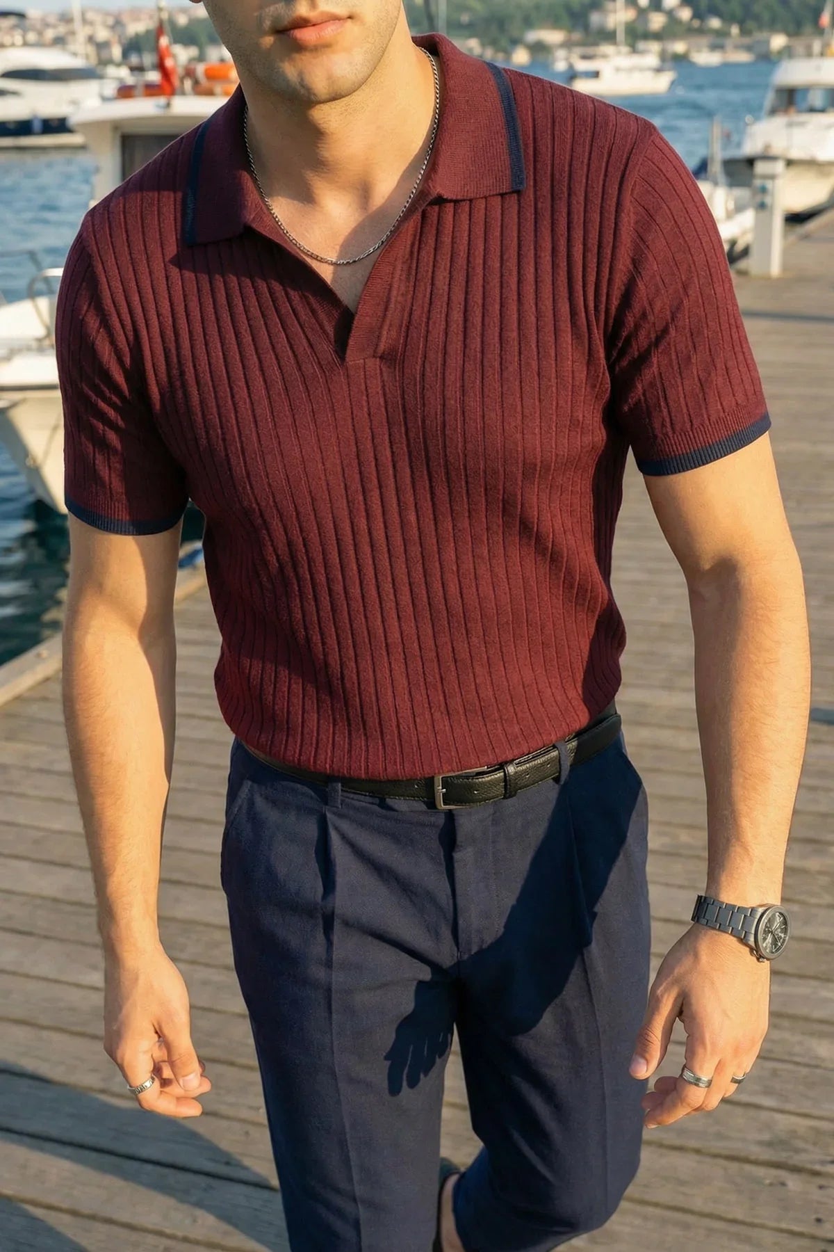 Basay Premium Çizgili Triko Polo Yaka Erkek Tişört - Livio Ferri