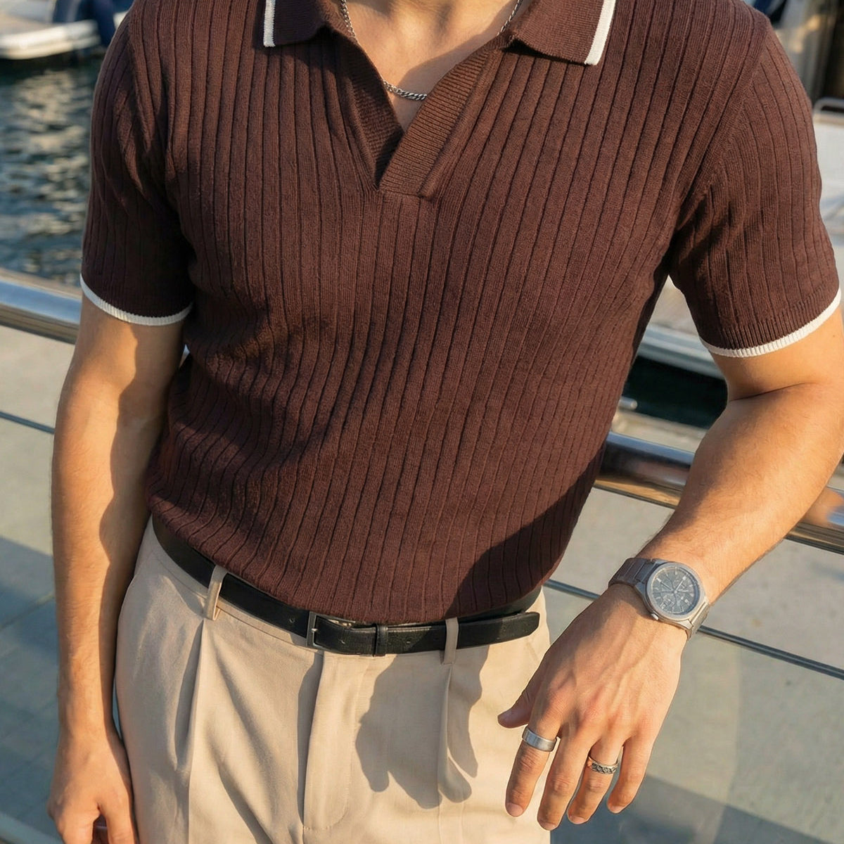 Basay Premium Çizgili Triko Polo Yaka Erkek Tişört