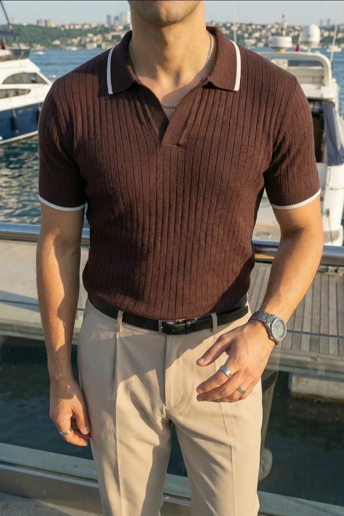 Basay Premium Çizgili Triko Polo Yaka Erkek Tişört - Livio Ferri