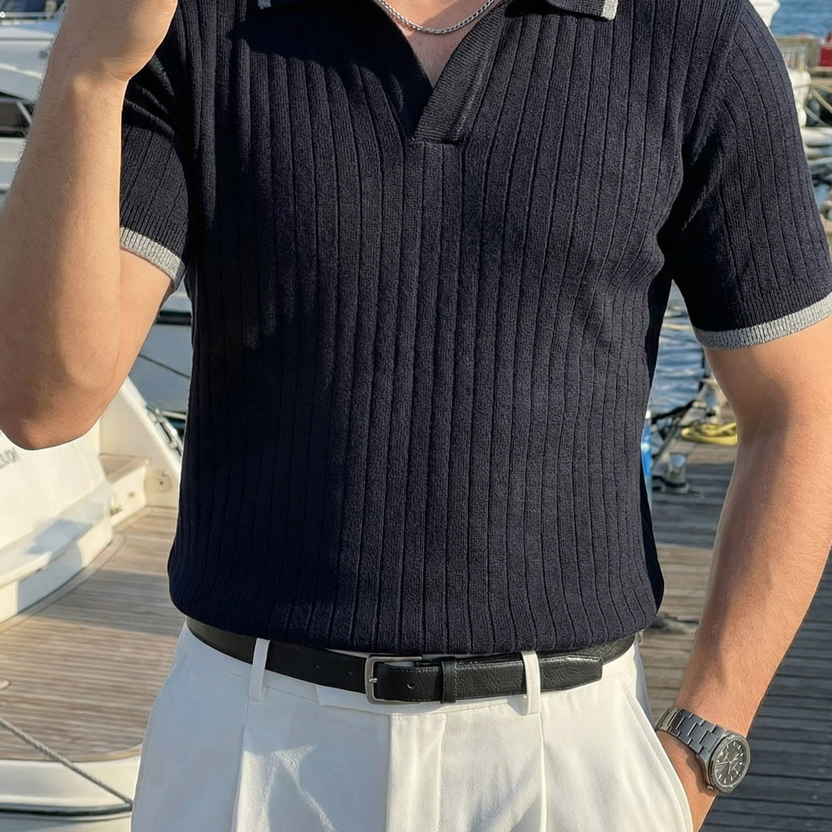 Basay Premium Çizgili Triko Polo Yaka Erkek Tişört