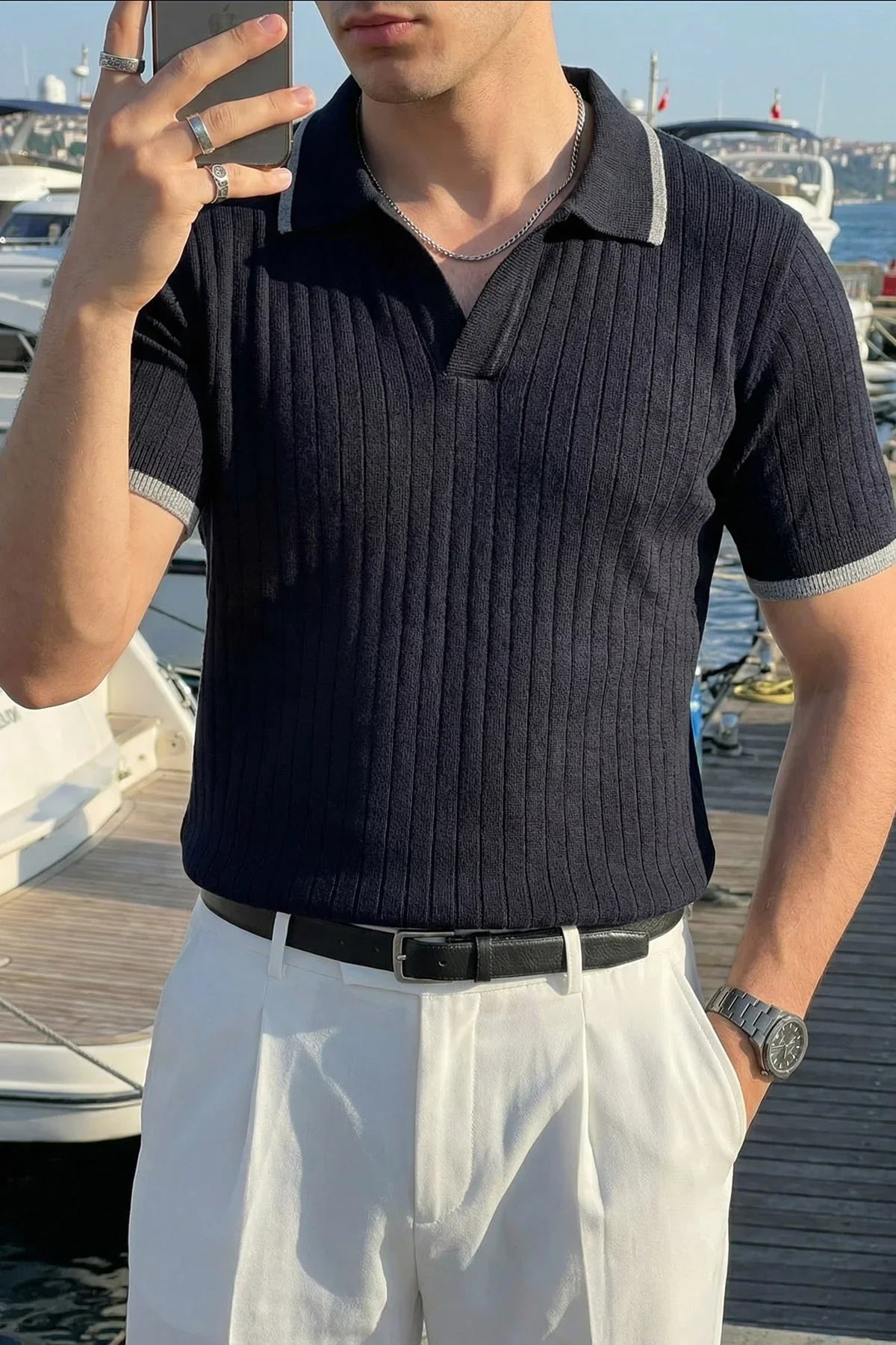 Basay Premium Çizgili Triko Polo Yaka Erkek Tişört - Livio Ferri