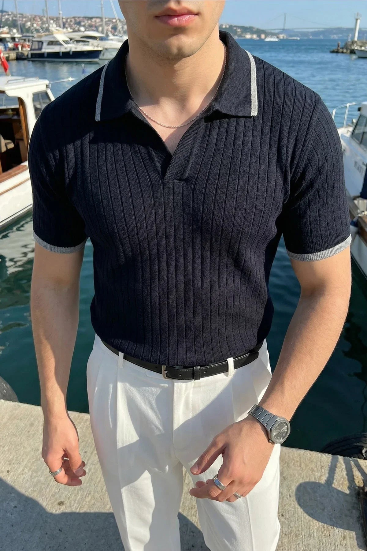 Basay Premium Çizgili Triko Polo Yaka Erkek Tişört - Livio Ferri