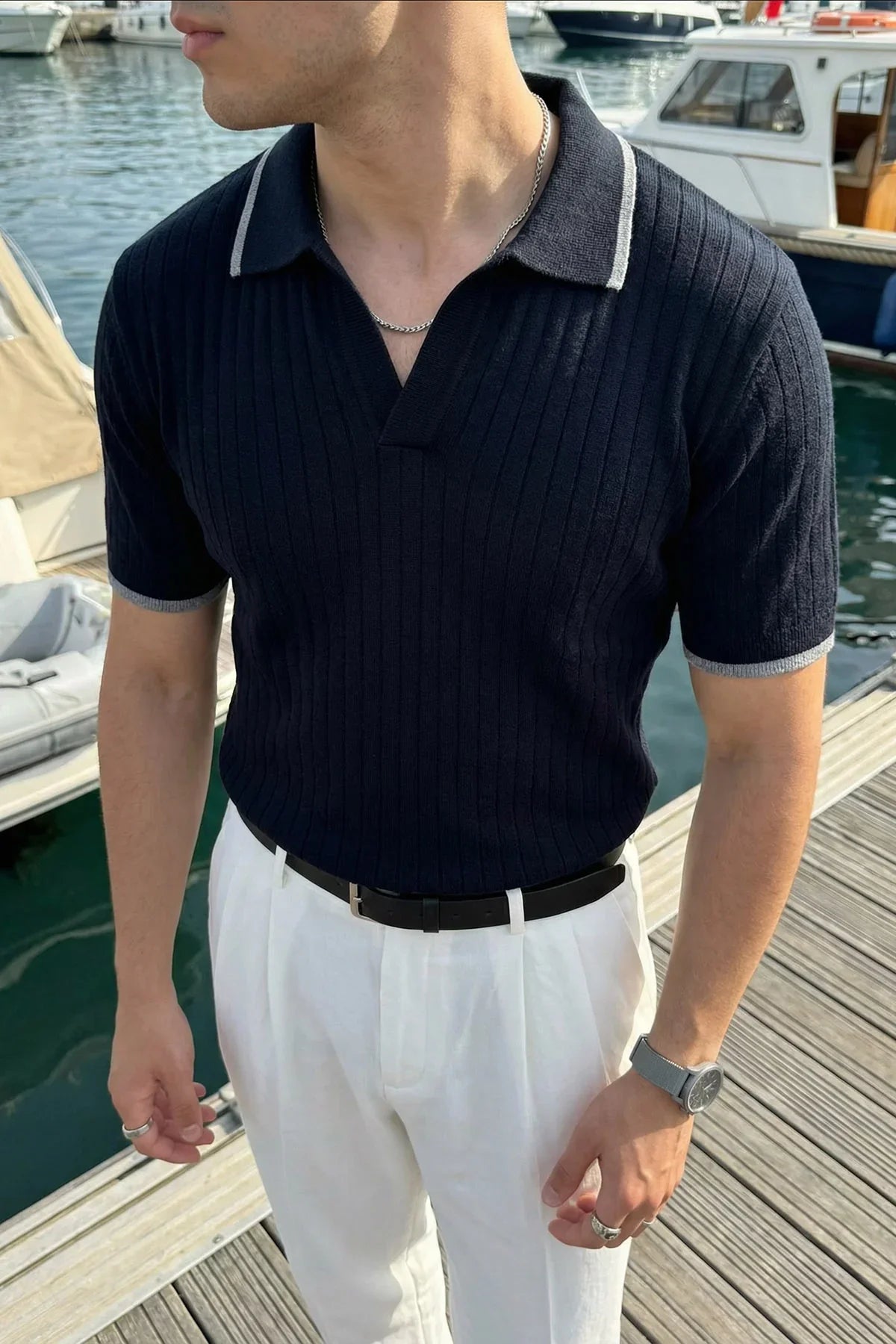 Basay Premium Çizgili Triko Polo Yaka Erkek Tişört - Livio Ferri