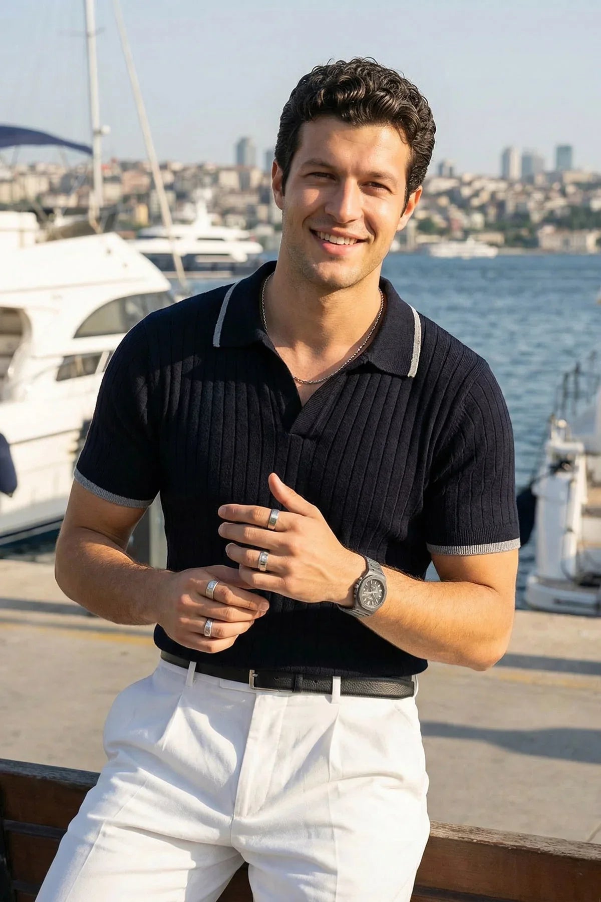 Basay Premium Çizgili Triko Polo Yaka Erkek Tişört - Livio Ferri