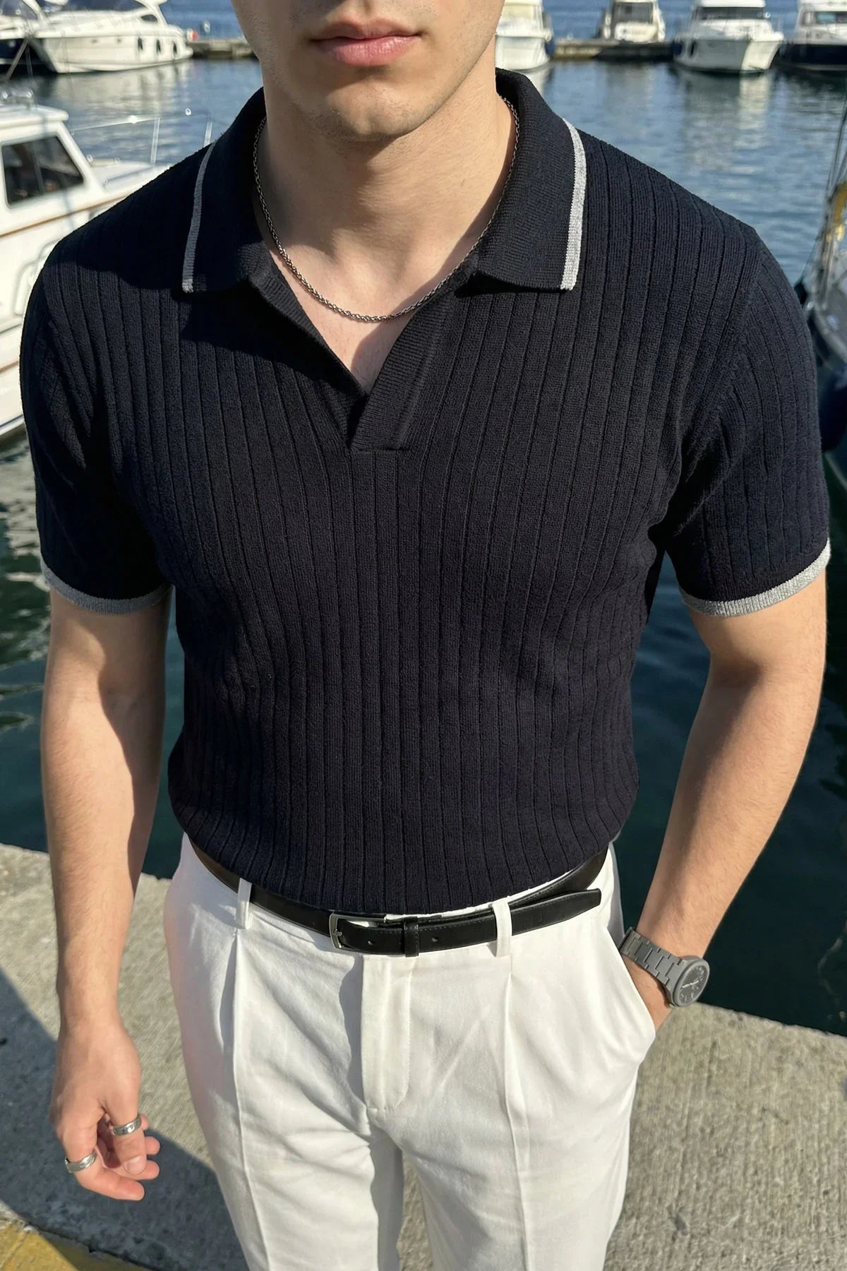 Basay Premium Çizgili Triko Polo Yaka Erkek Tişört - Livio Ferri