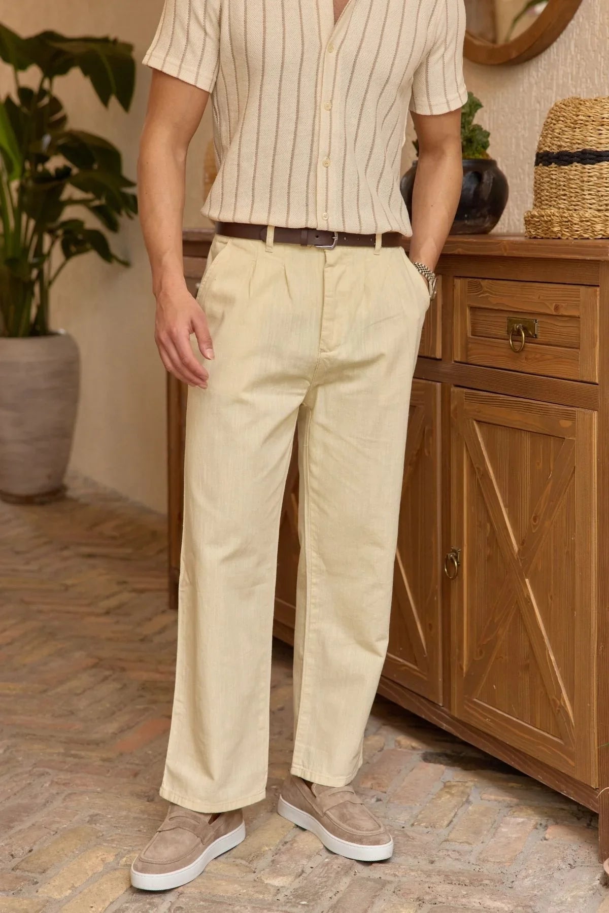 Boso Erkek Çift Pileli Keten Baggy Pantolon - Livio Ferri