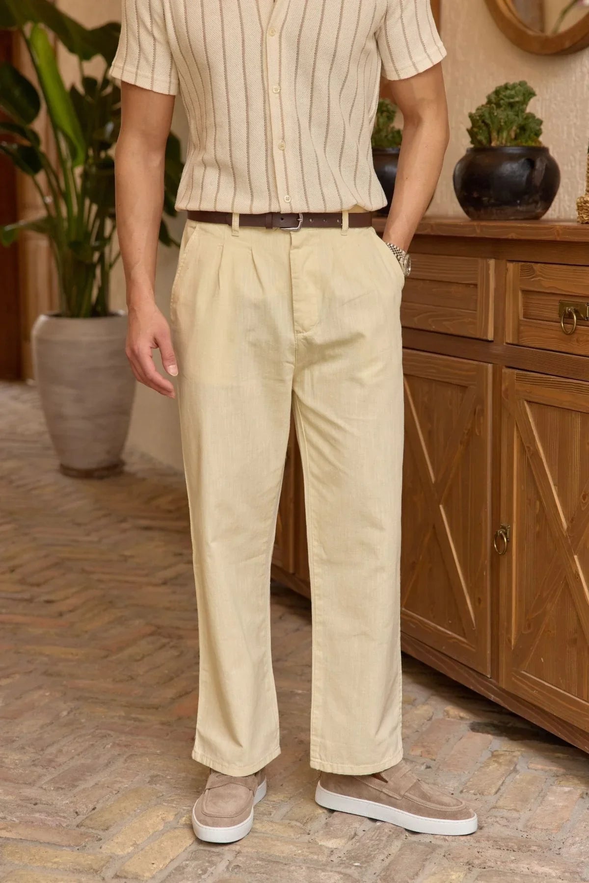 Boso Erkek Çift Pileli Keten Baggy Pantolon - Livio Ferri