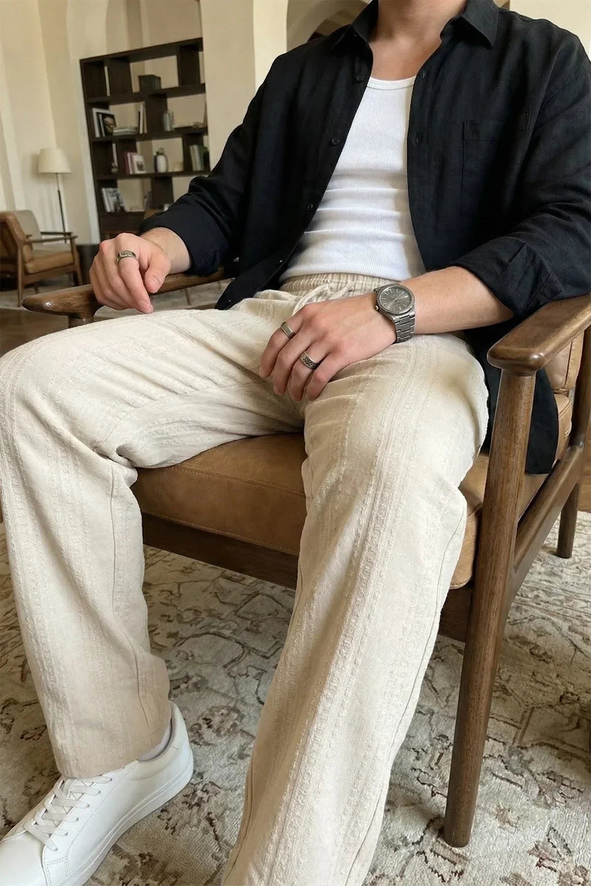 Lenie Desenli Keten Görünümlü Lastikli Erkek Pantolon - Livio Ferri