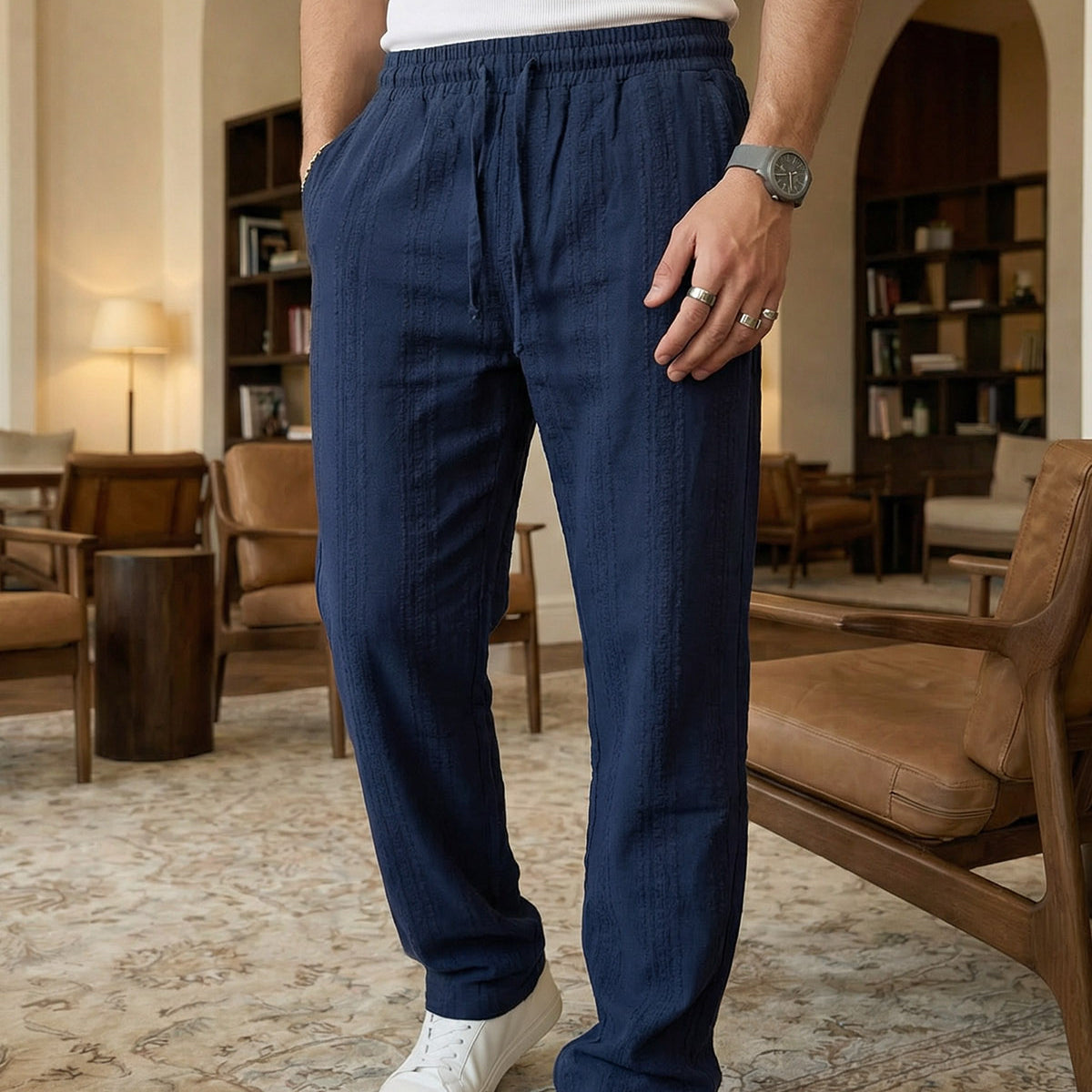 Bunga Desenli Keten Görünümlü Lastikli Erkek Pantolon