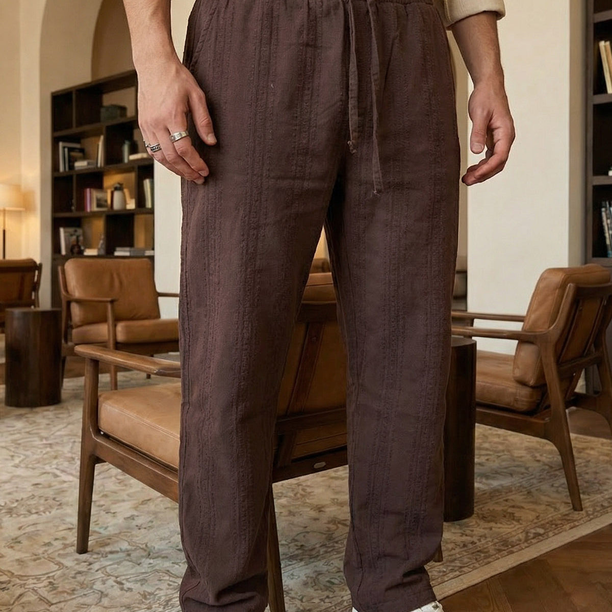 Bunga Desenli Keten Görünümlü Lastikli Erkek Pantolon