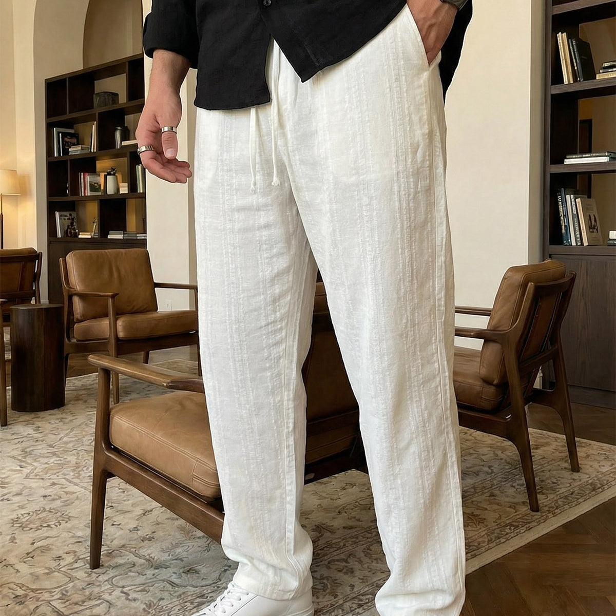 Bunga Desenli Keten Görünümlü Lastikli Erkek Pantolon