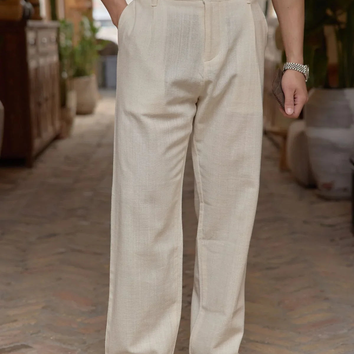 Dulan Erkek Baggy Fit Pantolon Keten Görünümlü %100 Pamuk Lastikli Bel - Livio Ferri
