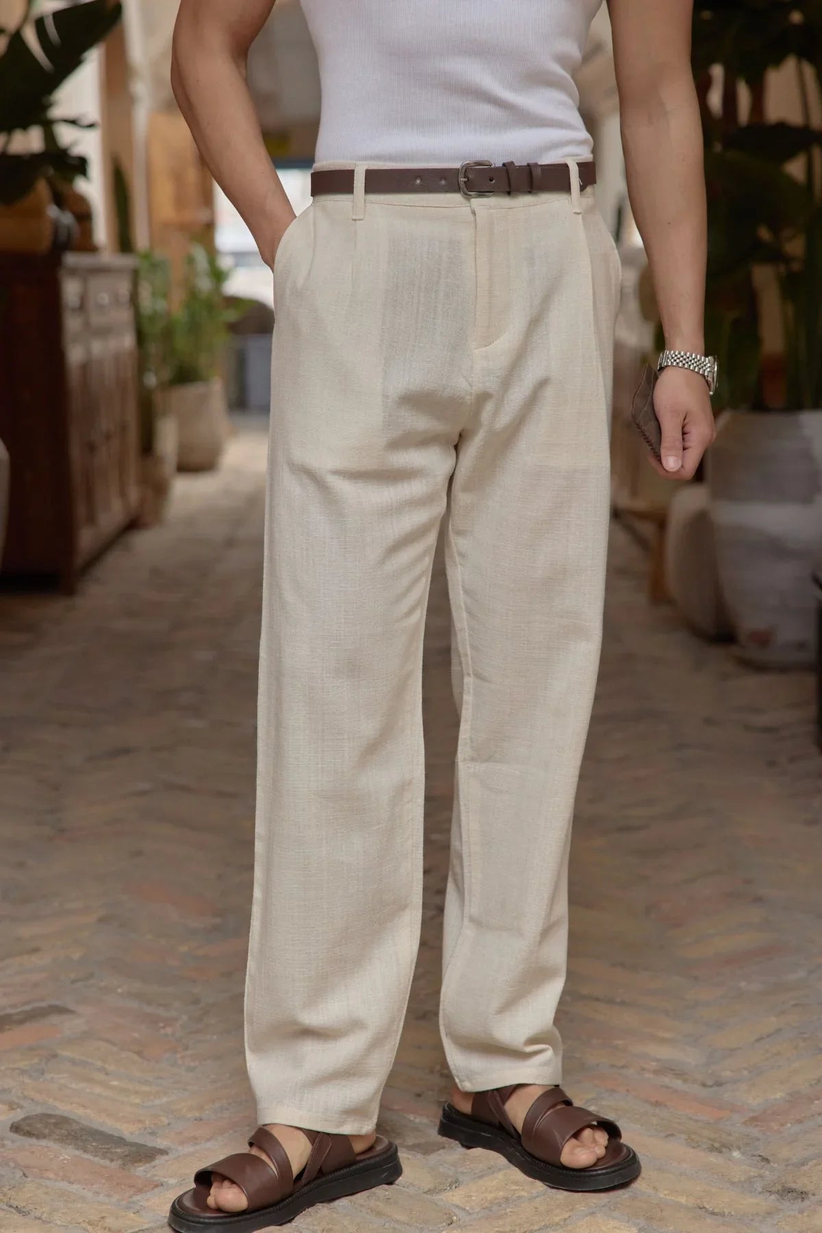 Dulan Erkek Baggy Fit Pantolon Keten Görünümlü %100 Pamuk Lastikli Bel - Livio Ferri