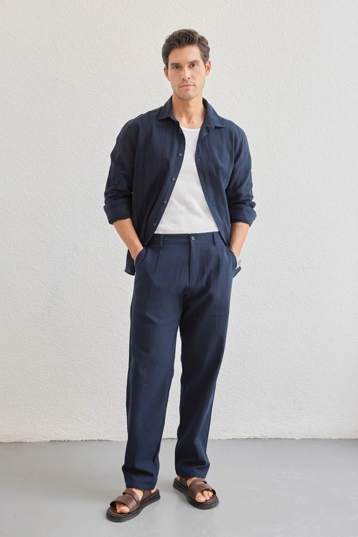 Dulan Erkek Baggy Fit Pantolon Keten Görünümlü %100 Pamuk Lastikli Bel - Livio Ferri