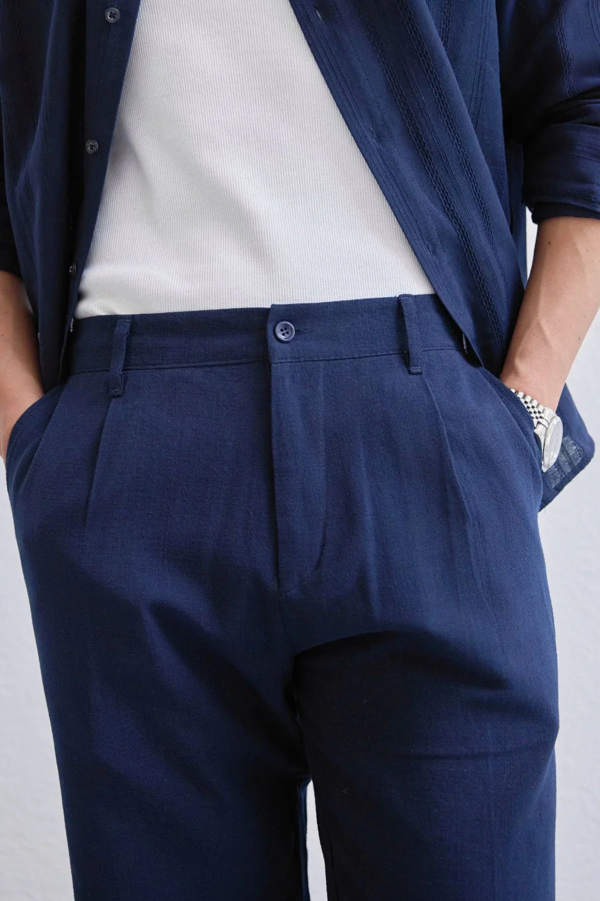 Dulan Erkek Baggy Fit Pantolon Keten Görünümlü %100 Pamuk Lastikli Bel - Livio Ferri