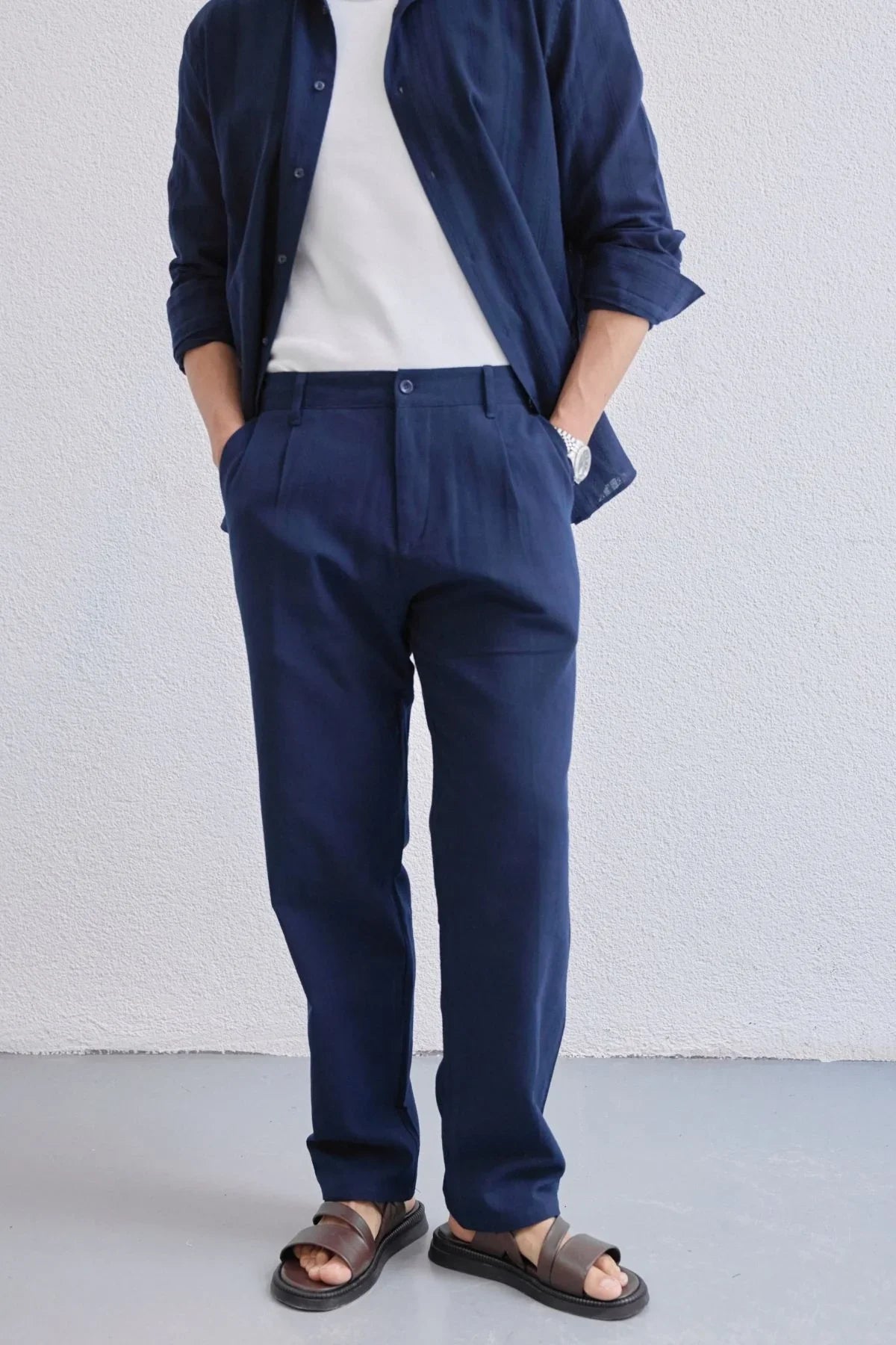 Dulan Erkek Baggy Fit Pantolon Keten Görünümlü %100 Pamuk Lastikli Bel - Livio Ferri