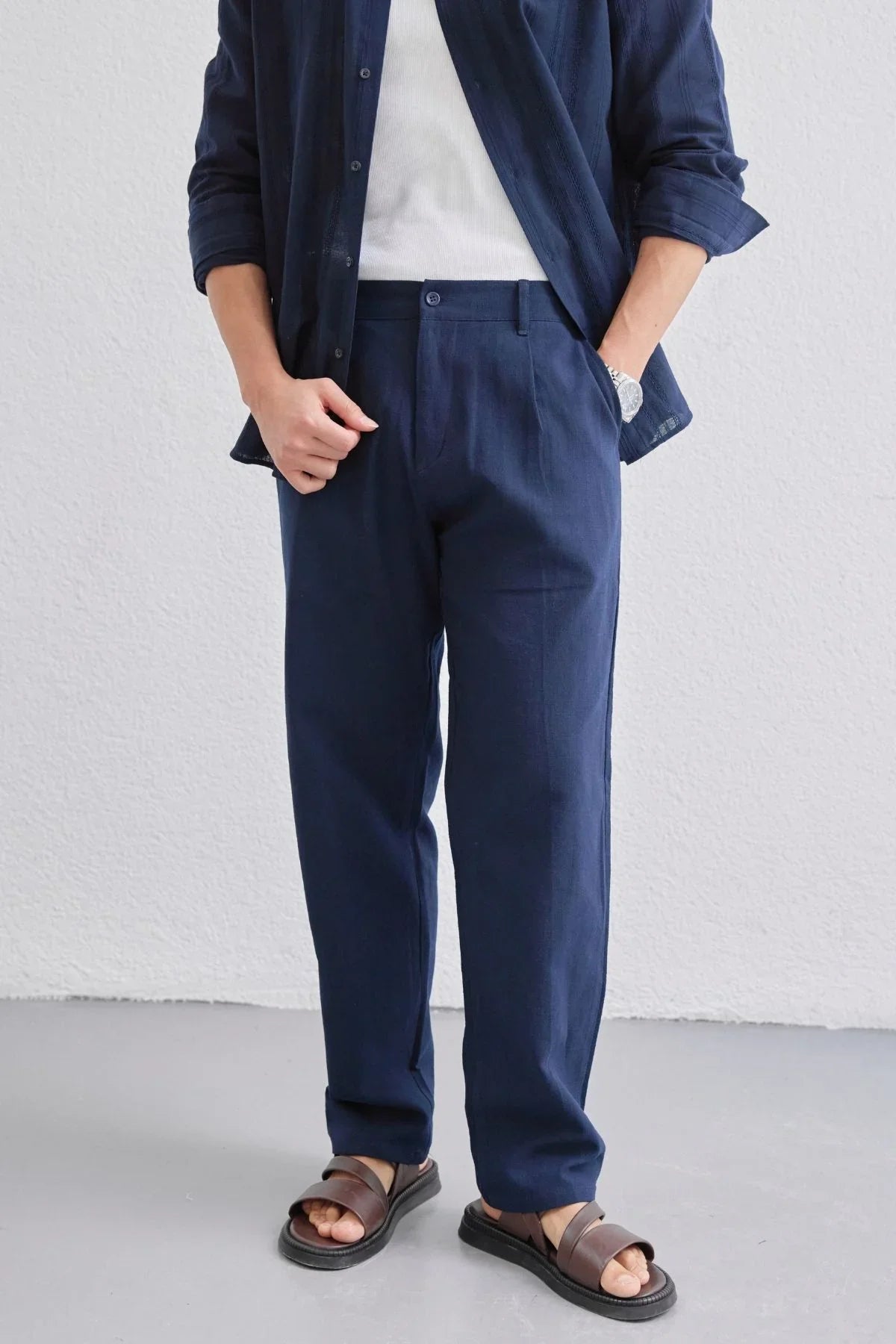 Dulan Erkek Baggy Fit Pantolon Keten Görünümlü %100 Pamuk Lastikli Bel - Livio Ferri